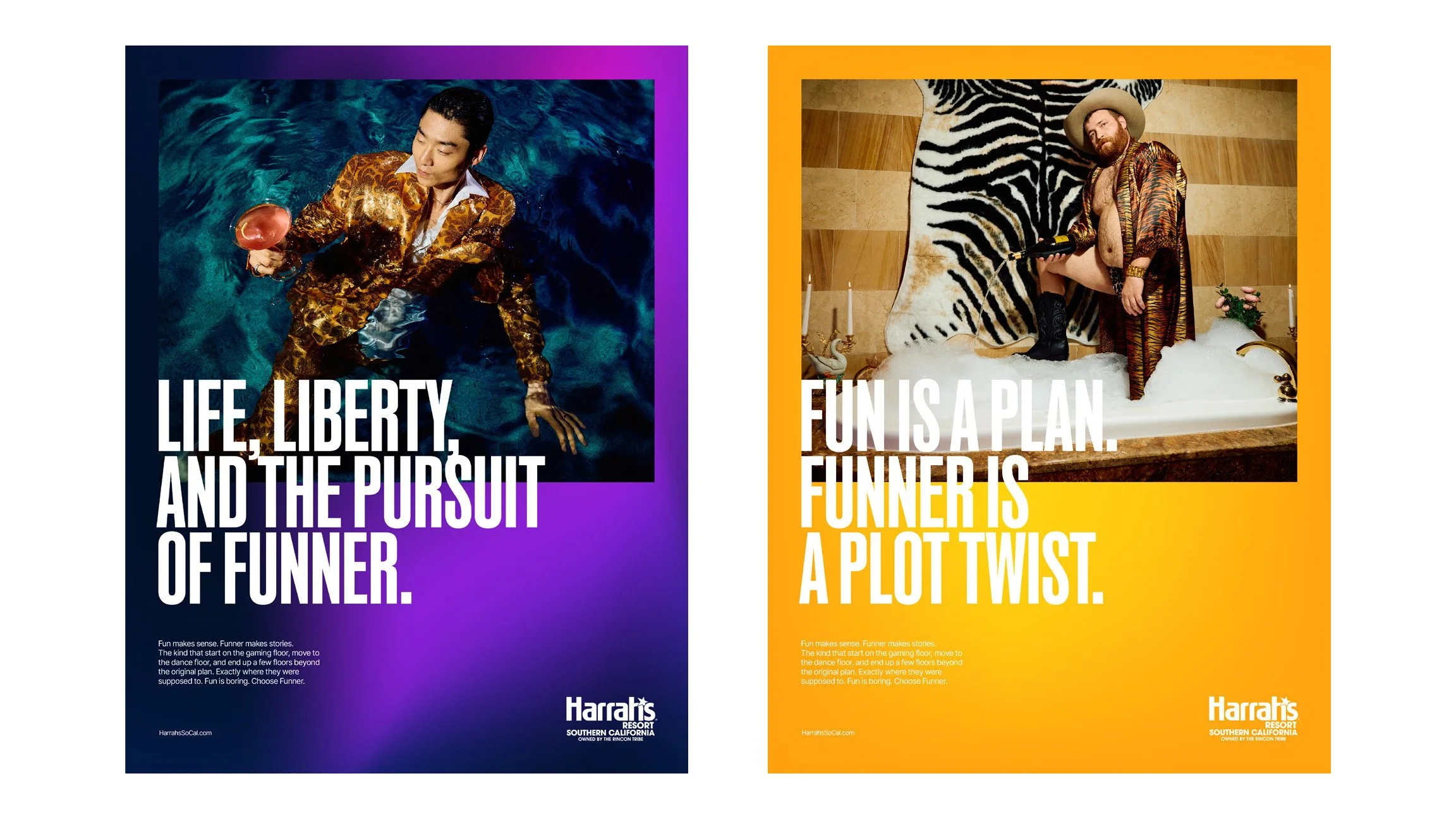 Two Harrah's posters: "Life, liberty, and the pursuit of Funner." and "Fun is a plan. Funner is a plot twist."