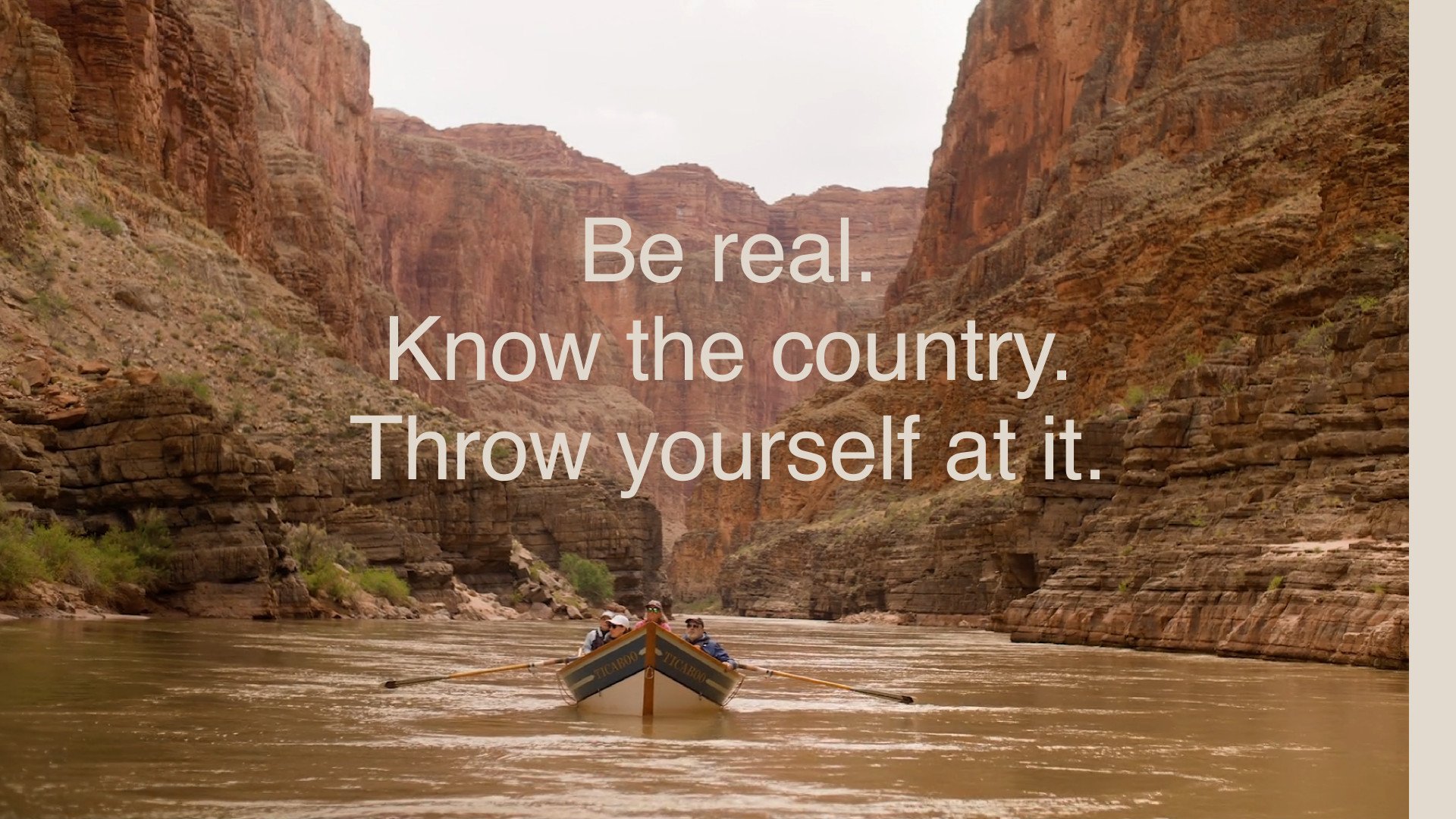 VFPL brand book: rafters in a canyon under the line "Be real. Know the country. Throw yourself at it."