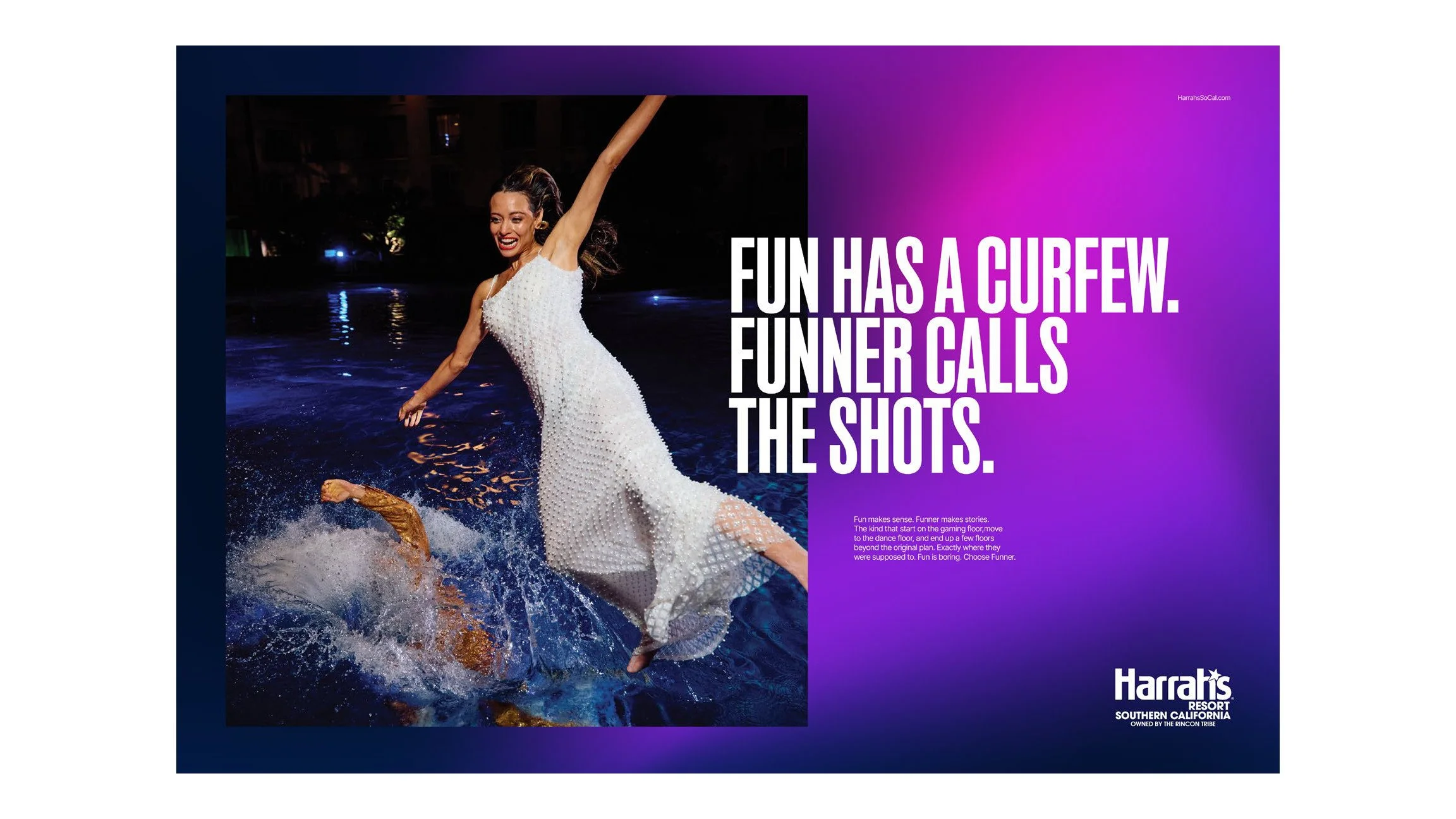 Harrah's ad "Fun has a curfew. Funner calls the shots." with a woman kicking water in a pool at night