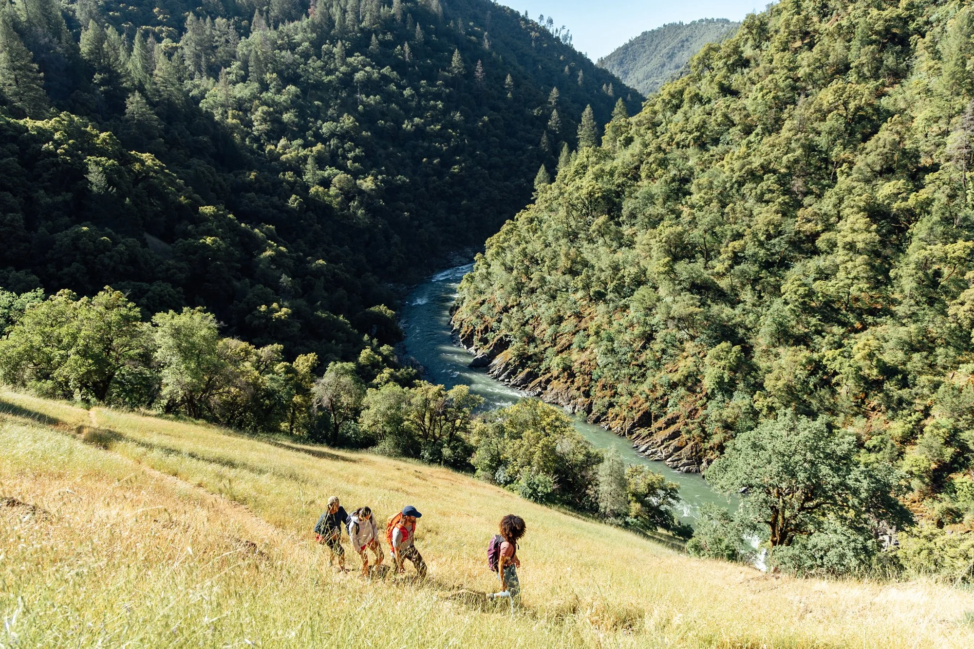 Group of hikers walking uphill through a grassy meadow with a river flowing through a forested valley and mountains in the background.