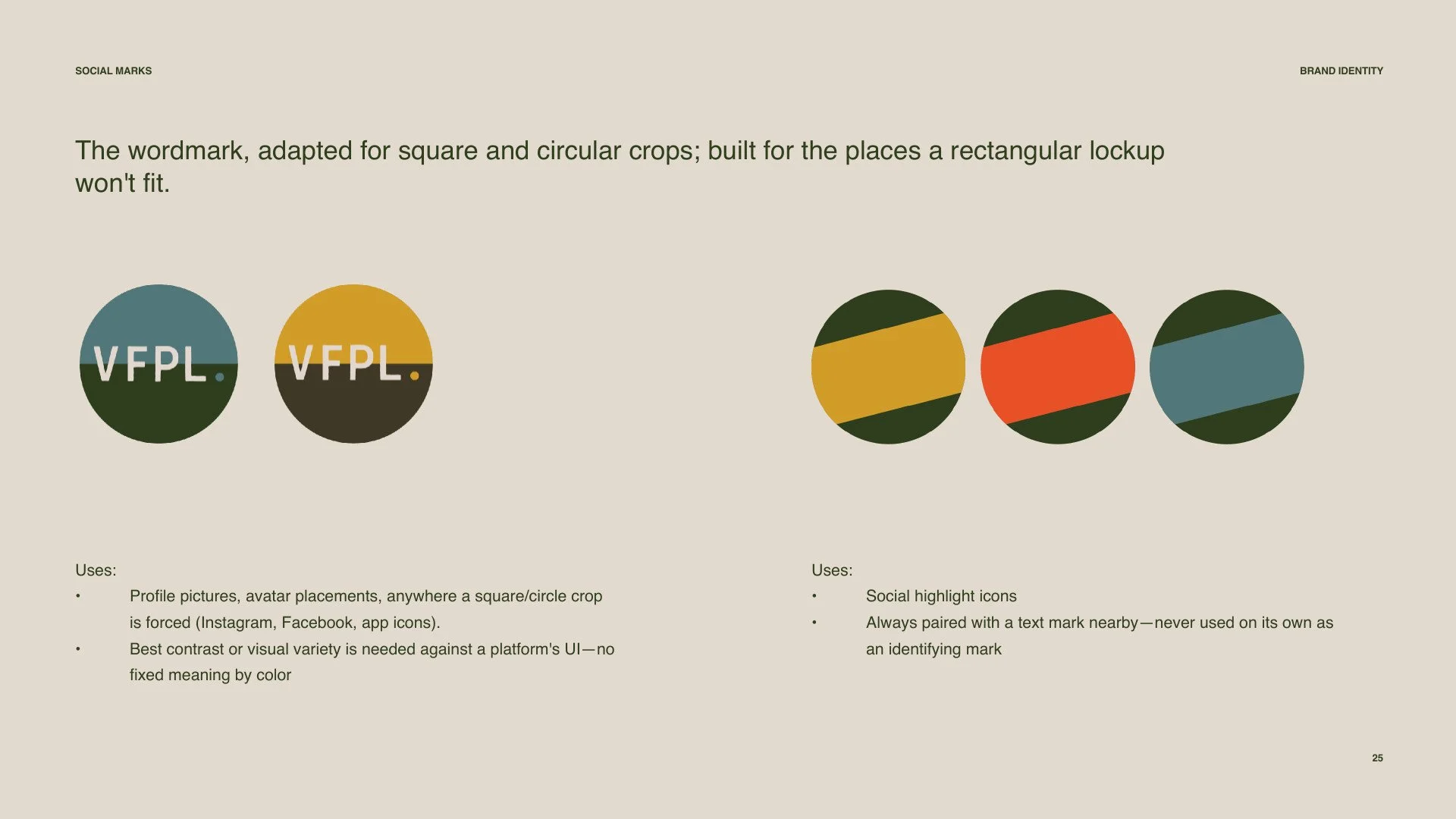 VFPL brand book: circular social marks and highlight icons