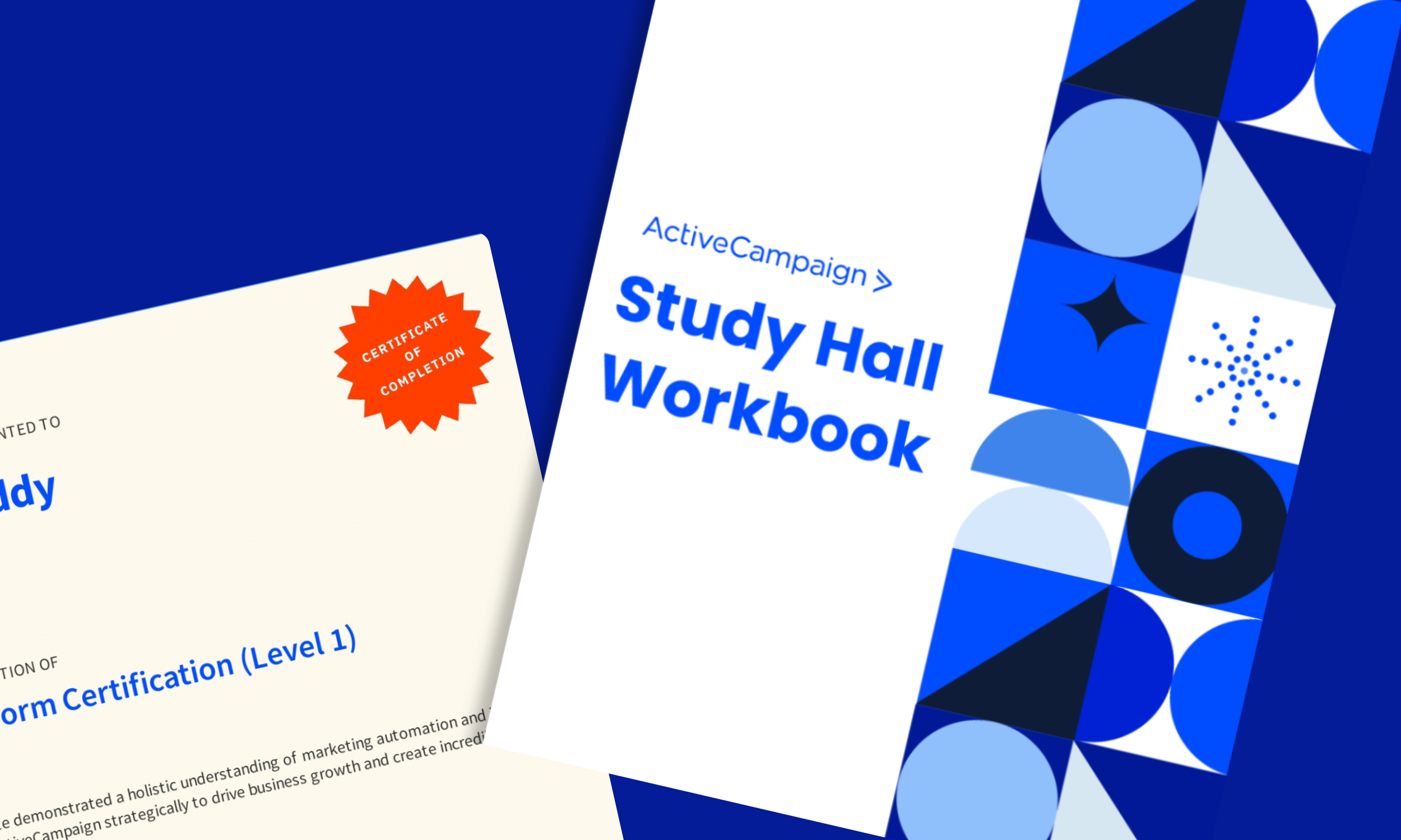 A collage of images featuring the Explore Campaign Study Hall Workbook and related materials. Includes a close-up of a man holding a laptop with the workbook on the screen, photos of people at the event, colorful balloons, and a patterned background with geometric shapes and motivational phrases such as "Iterate everything always" and "Pursue growth with gratitude."