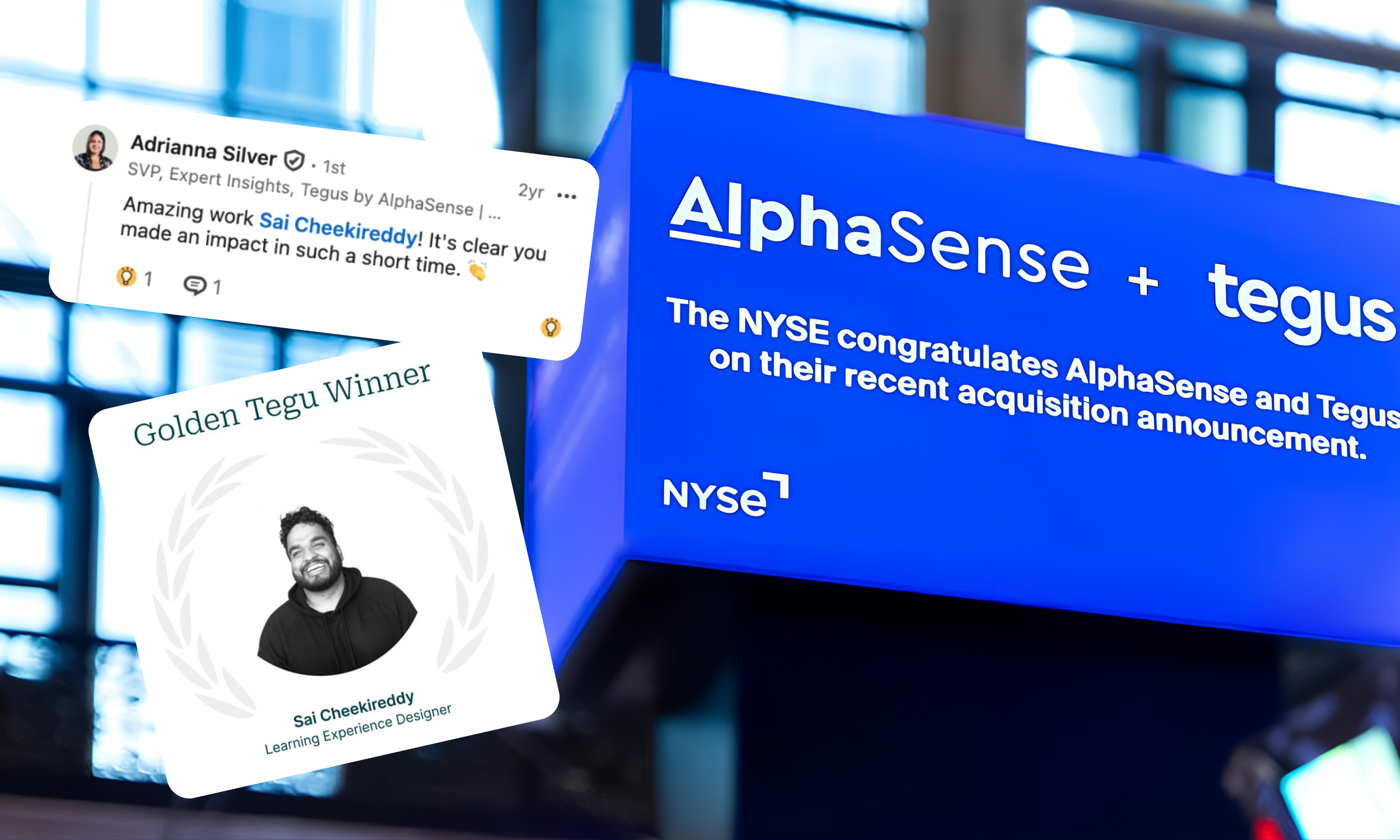 Blue background with grid lines and the text 'AlphaSense x tegus' in white.