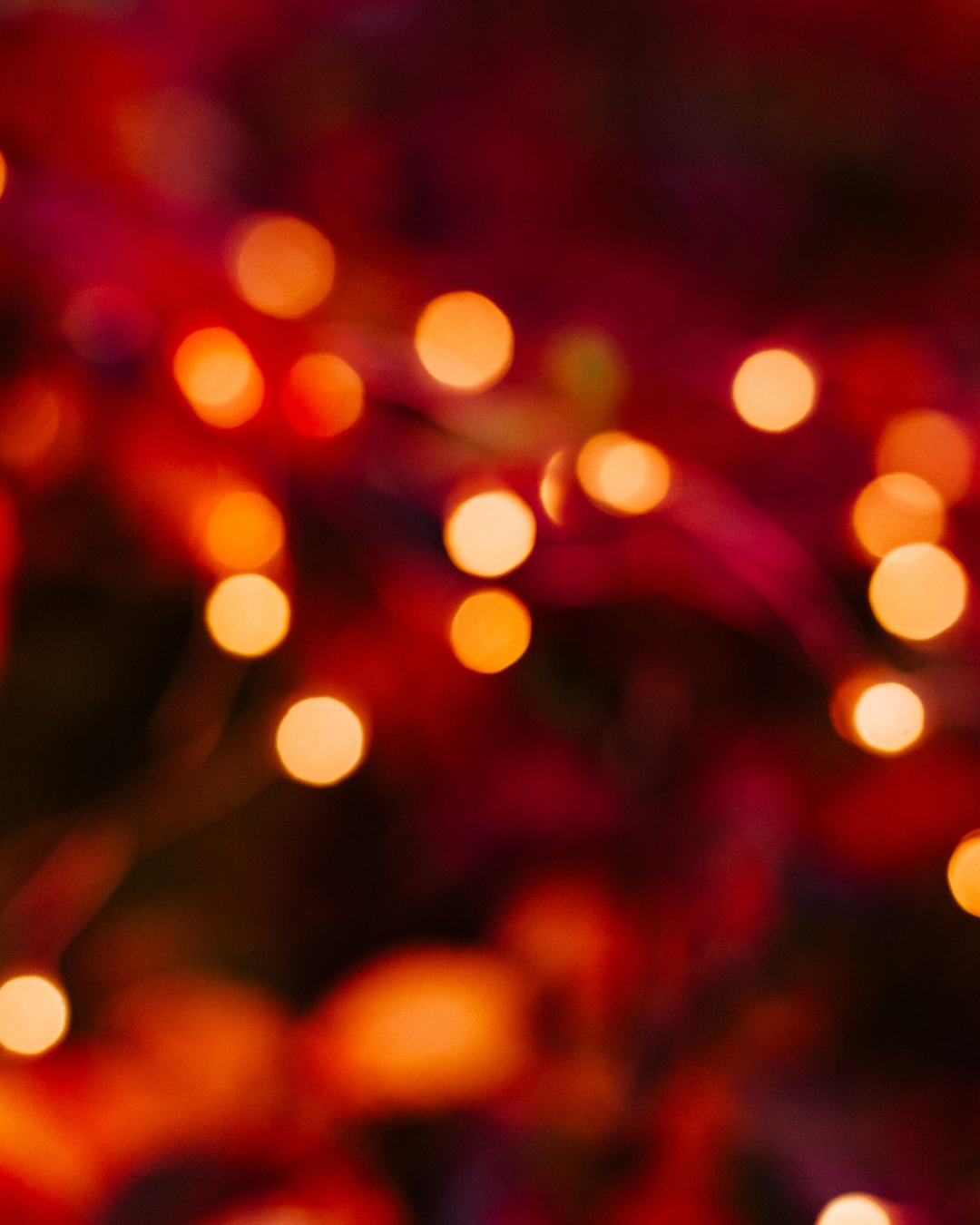 Blurred background with warm orange and red bokeh lights.