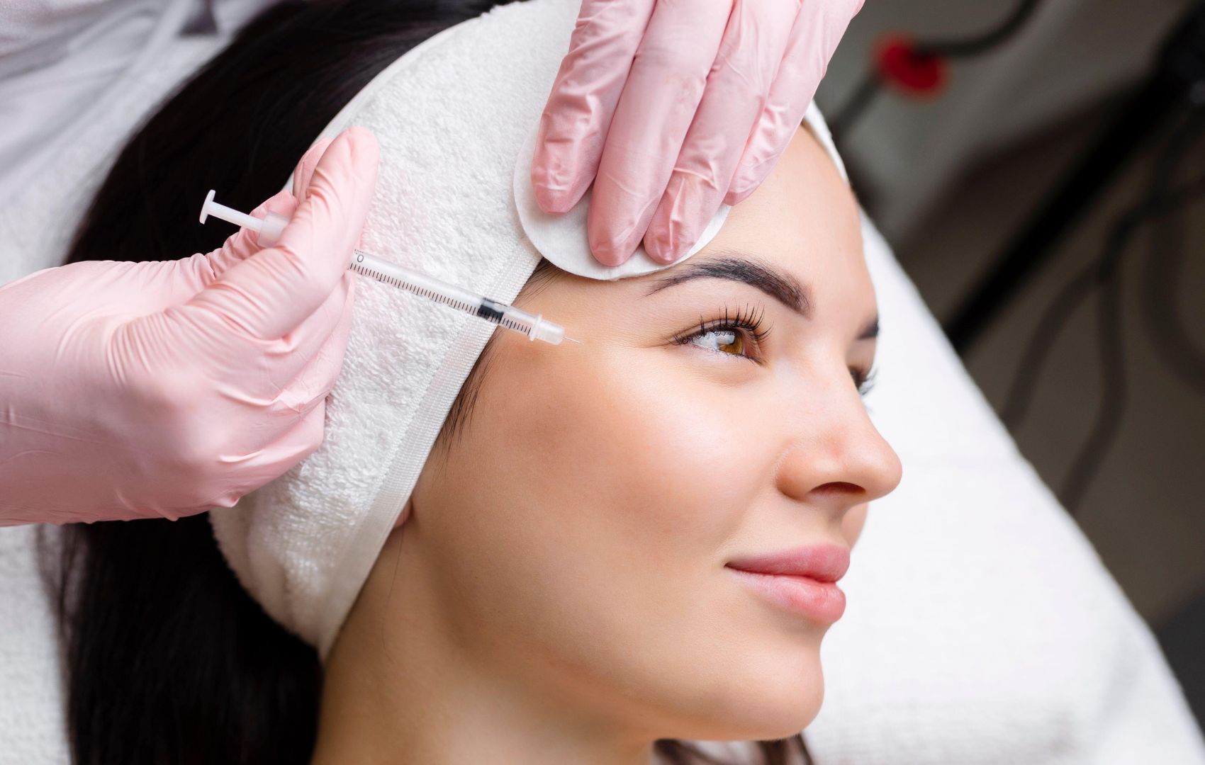 A woman receiving a cosmetic injection on her forehead while lying down with a headband, nurse in pink gloves administers the injection with a syringe, in a clinical setting.