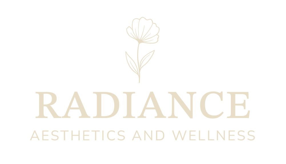 Logo for Radiance Aesthetics and Wellness with a simple flower illustration above the text.