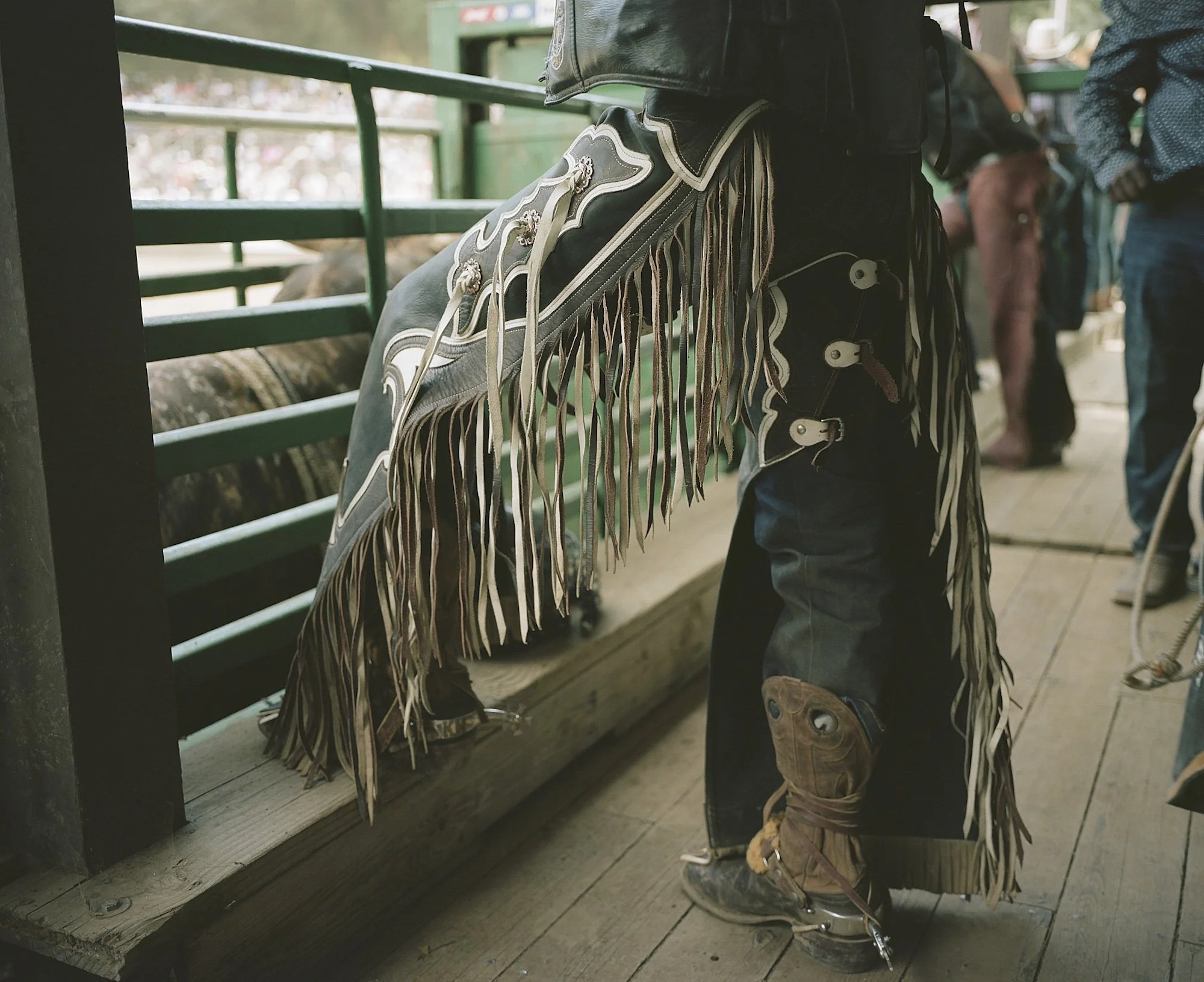 Person wearing traditional Native American clothing, including moccasins, long fringed leather skirt, and a leather jacket, standing on a wooden deck at an animal sanctuary or zoo.