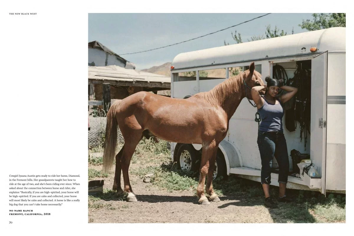 Book spread from The New Black West showing Black cowgirl Iyauna Austin preparing to ride her horse beside a trailer in Fremont, California, photographed by San Francisco–based commercial and editorial photographer Gabriela Hasbun.