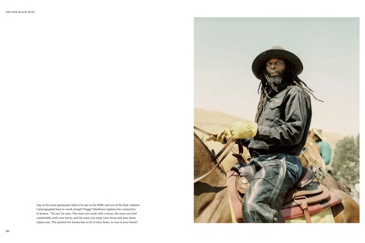 Book spread from The New Black West showing Black cowboy Joseph “Dugga” Matthews on horseback, photographed by San Francisco–based commercial and editorial photographer Gabriela Hasbun.