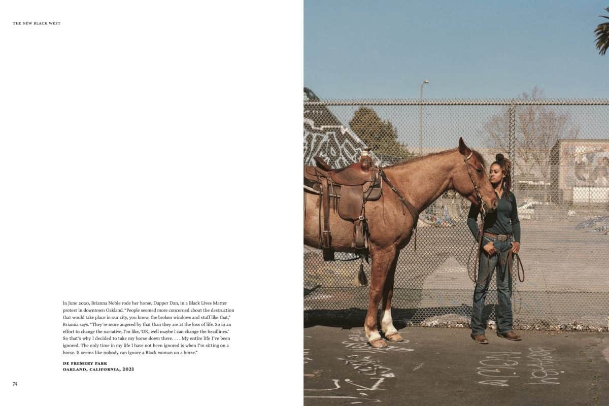 Book spread from The New Black West showing Black cowgirl Brianna Noble standing with her horse Dapper Dan in Oakland, California, photographed by San Francisco–based commercial and editorial photographer Gabriela Hasbun.