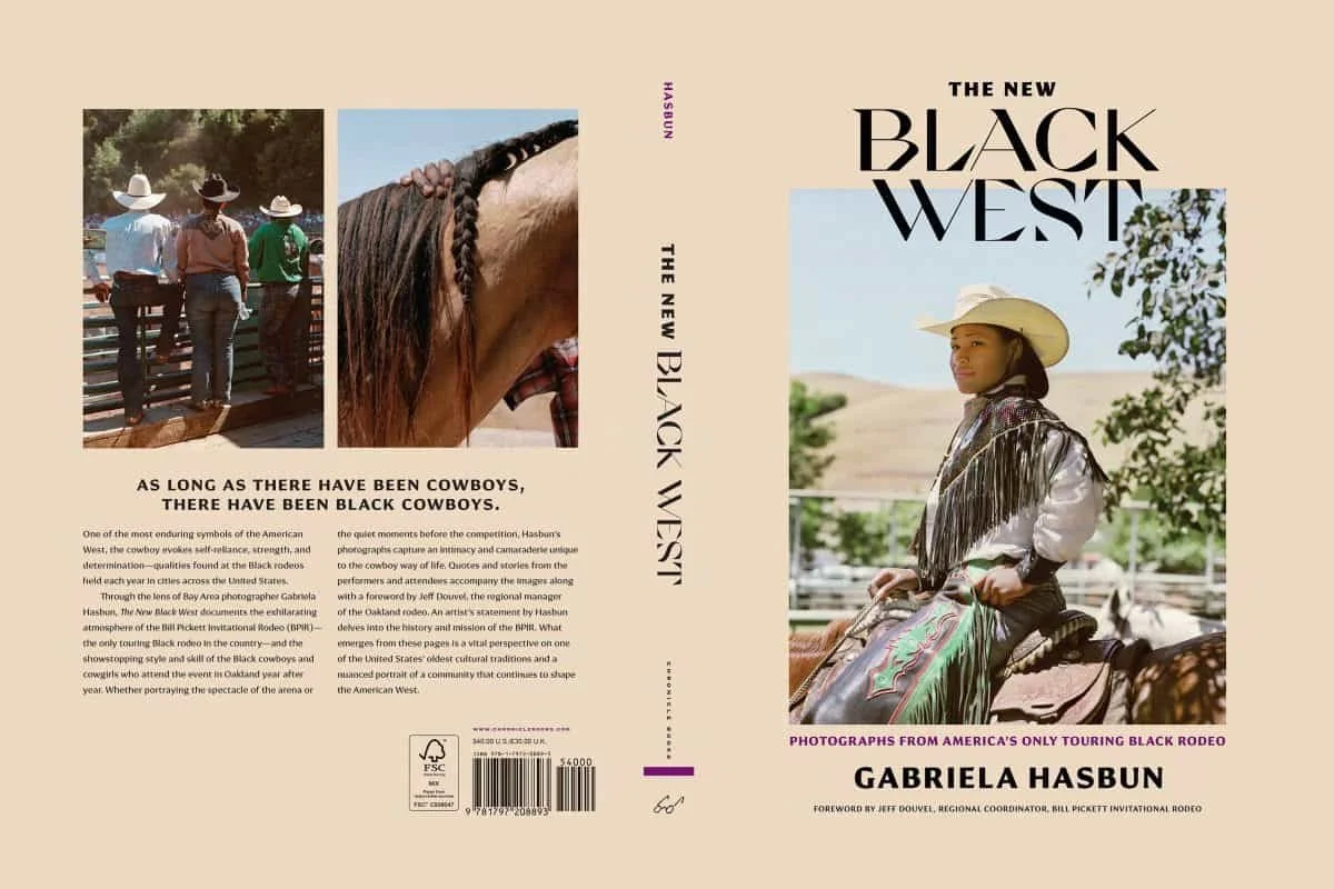 Cover of The New Black West by San Francisco–based documentary and commercial photographer Gabriela Hasbun, showing a Black cowgirl in western attire seated on a horse.