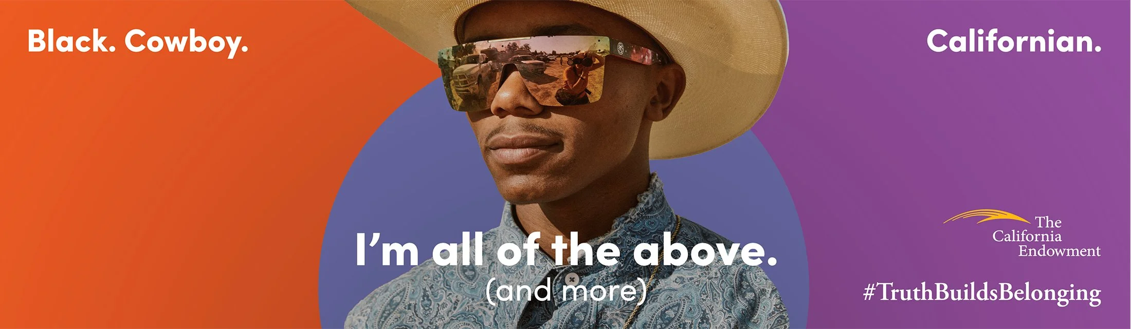 A Black cowboy in a wide-brim hat and mirrored sunglasses poses in a documentary portrait by San Francisco–based commercial photographer Gabriela Hasbun.