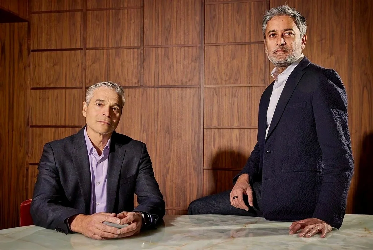 Ravi Mhatre and Bejul Somaia, partners at Lightspeed Venture Partners, photographed in San Francisco for The New York Times by editorial photographer Gabriela Hasbun.