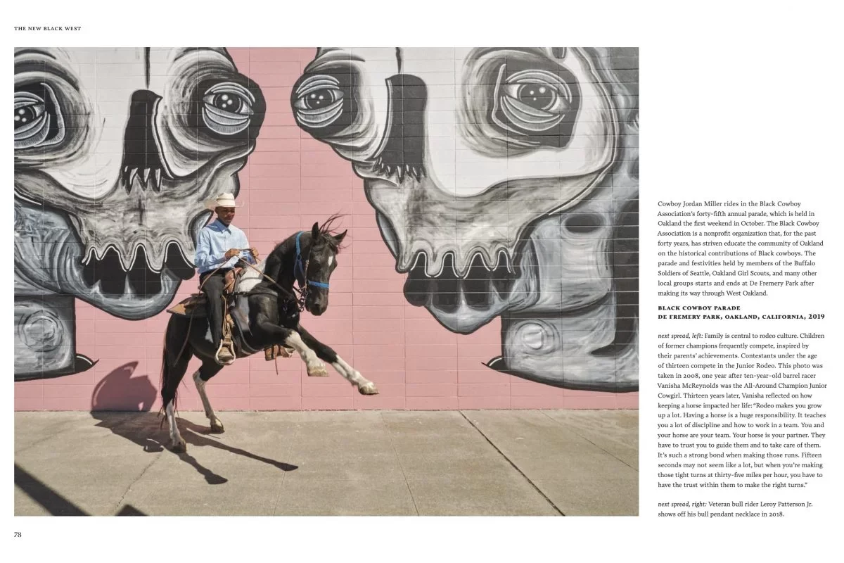 Book spread from The New Black West featuring Black cowboy Jordan Miller riding past a mural in Oakland, California, photographed by San Francisco–based commercial and editorial photographer Gabriela Hasbun.