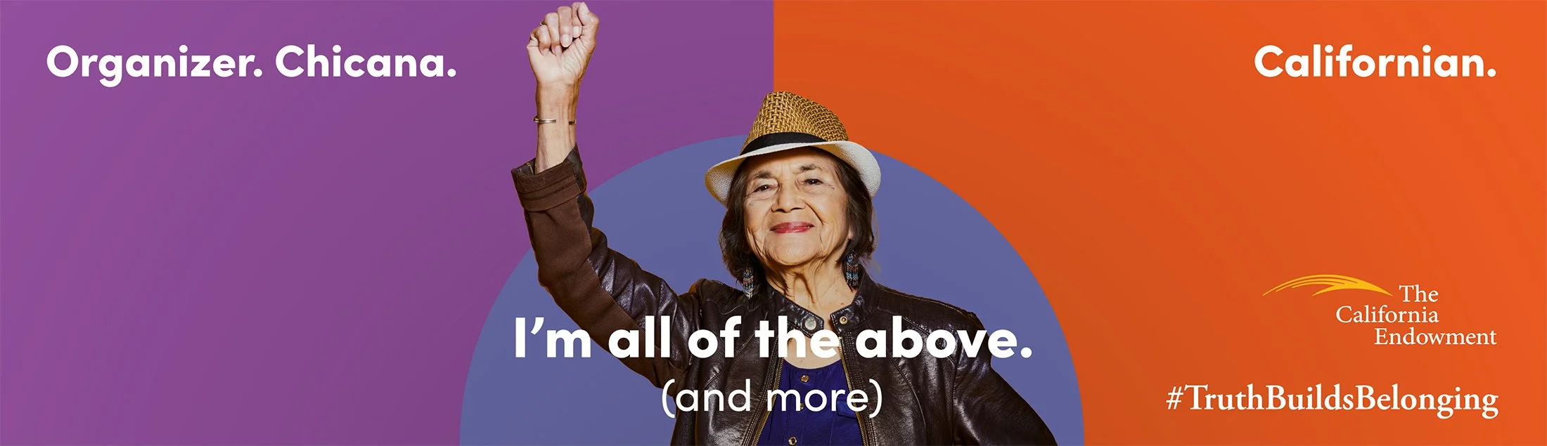 Latina activisit Dolores Huerta raises her fist in a documentary portrait by San Francisco–based commercial photographer Gabriela Hasbun.