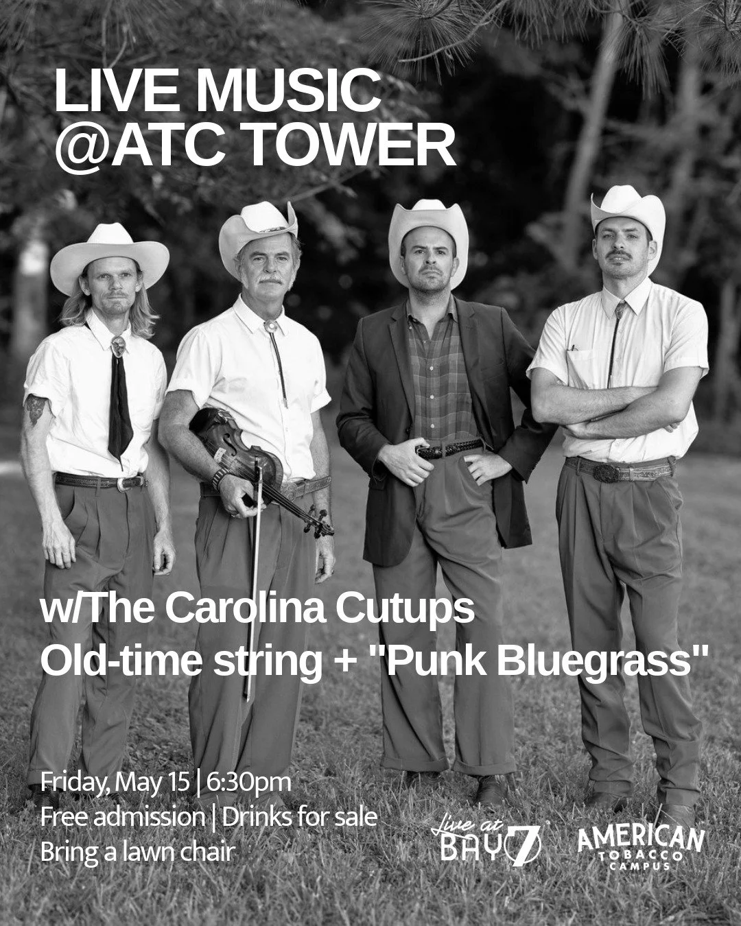 Join us this Friday for live music next to the ATC Tower, in the heart of Durham&rsquo;s historic American Tobacco Campus! Bring a chair, grab a drink from onsite vendors @fullsteamatc and @mentbevco, and enjoy the sweet sounds of the Carolina Cutups