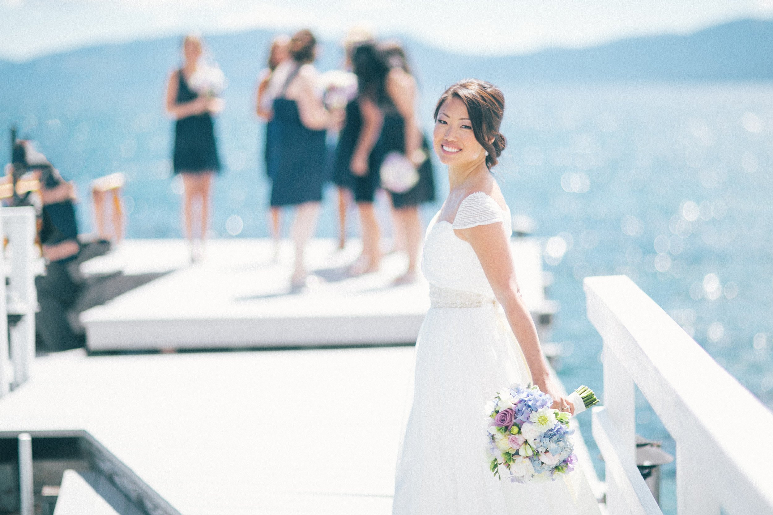 bride on pier in Tahoe