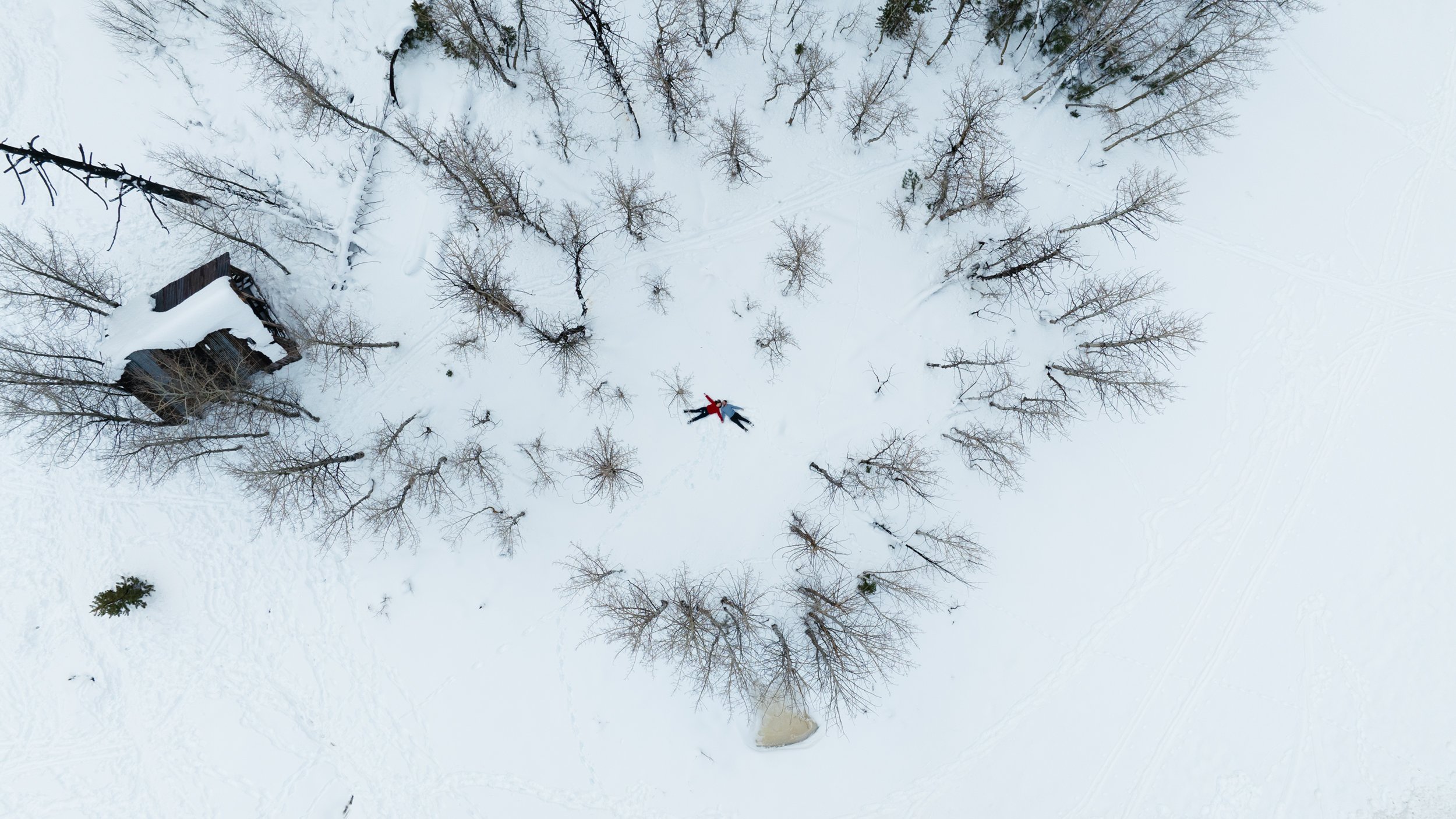 drone photo of couple in snow