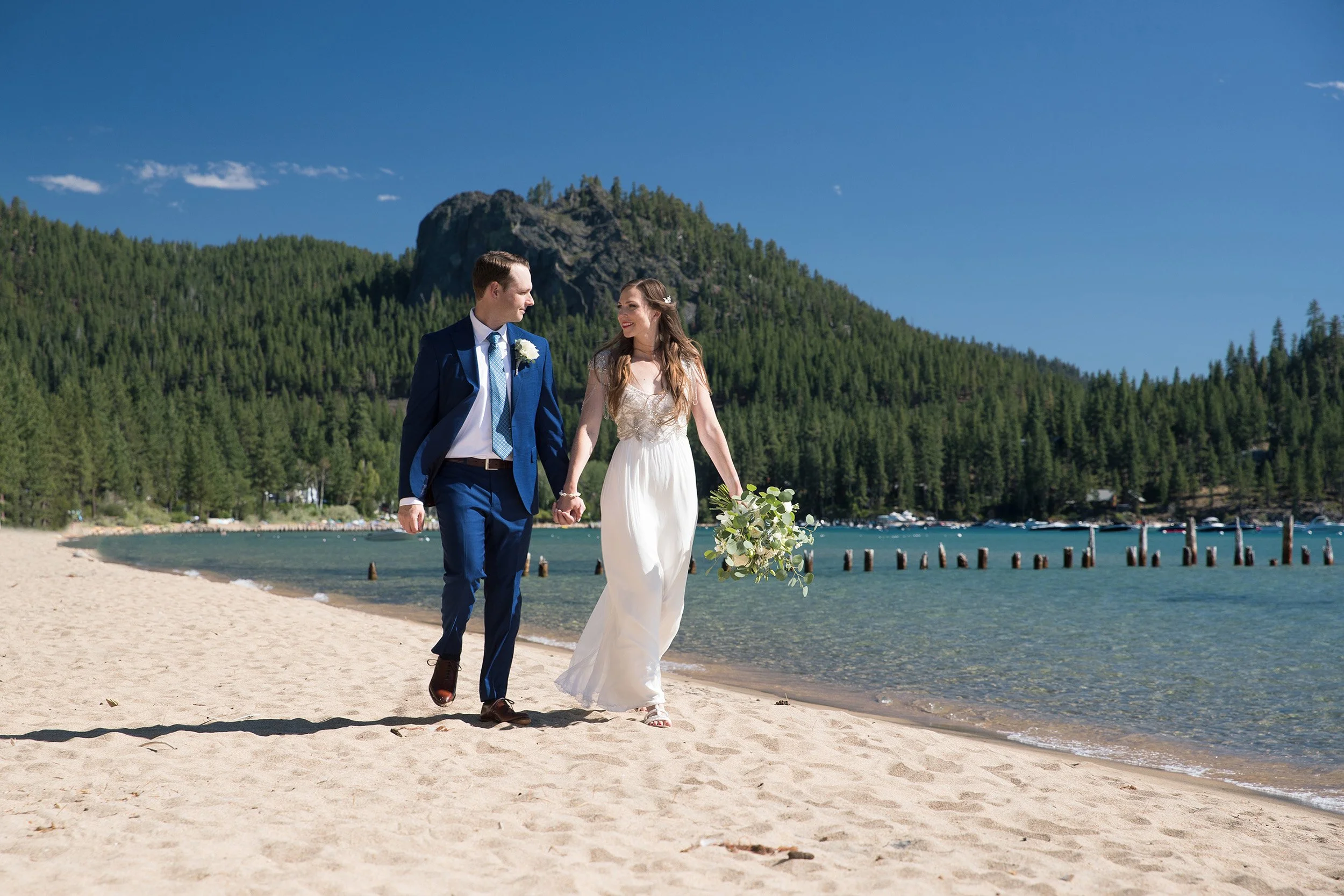 bride and groom on beach South Lake Tahoe