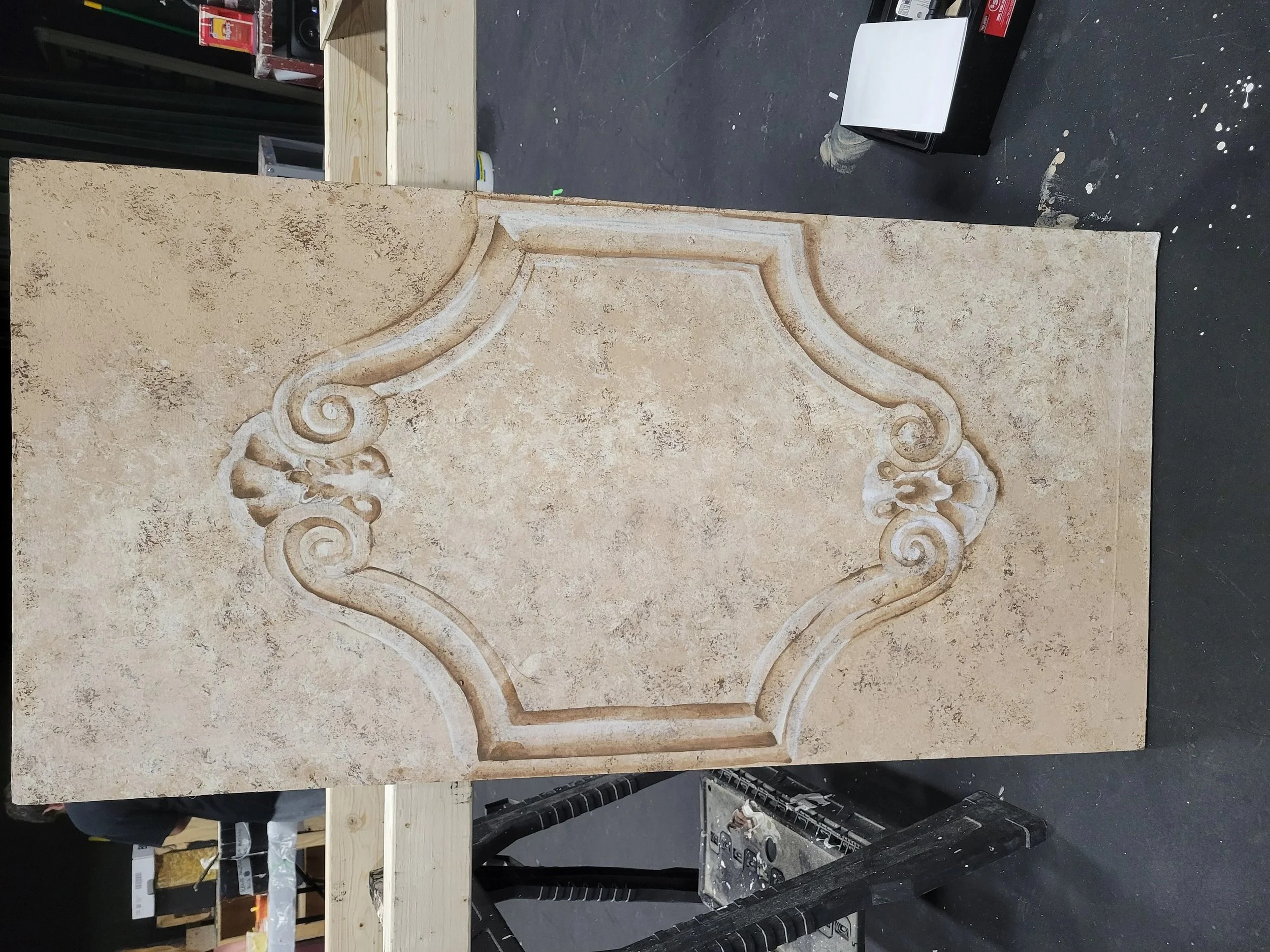 Architecture - half stencil and half free hand, sponging, wet brushing the highlights and shadows.