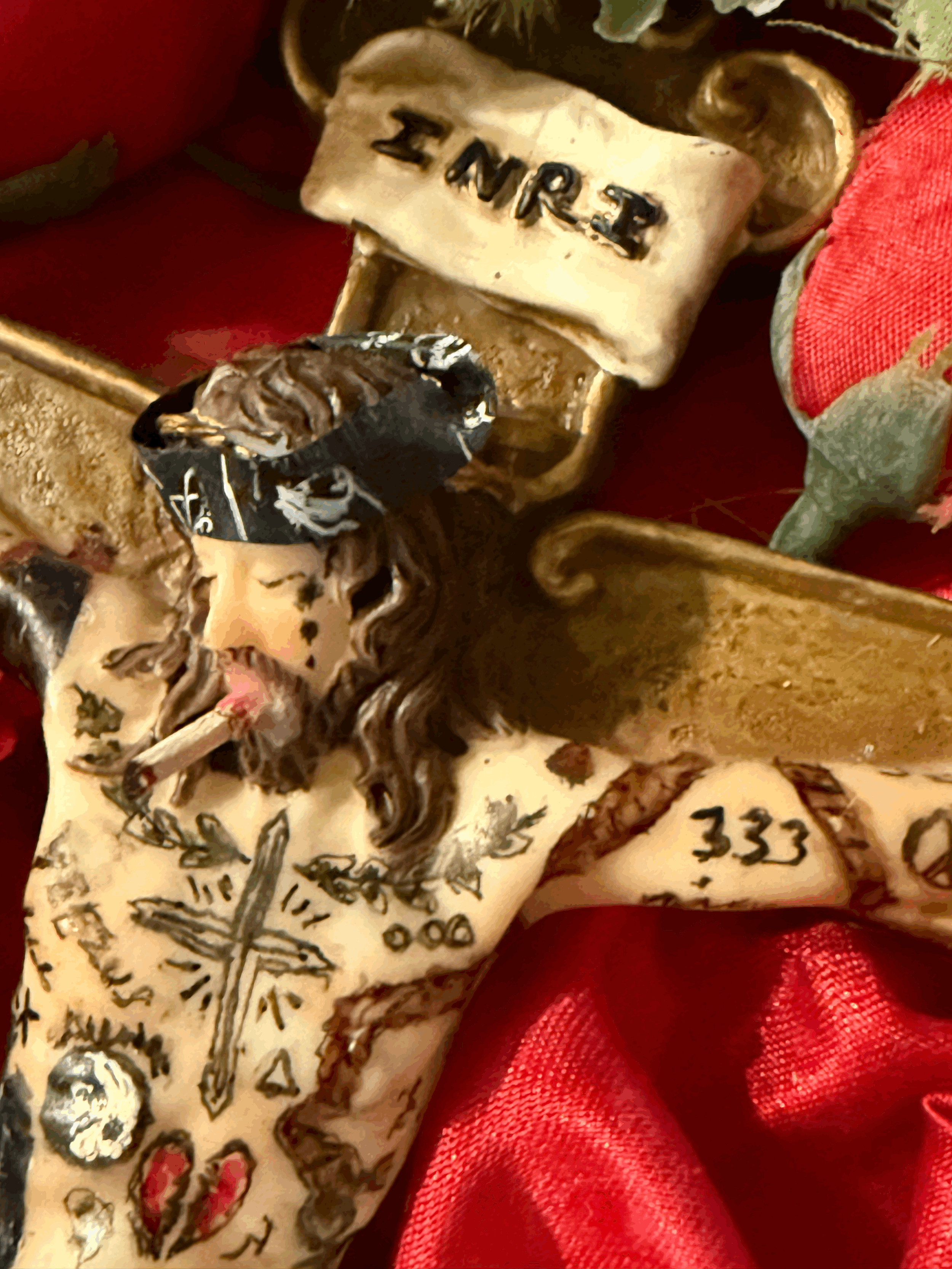 "JESUS PIECE" Tattooed Crucifix Scuplture in Golden Box
