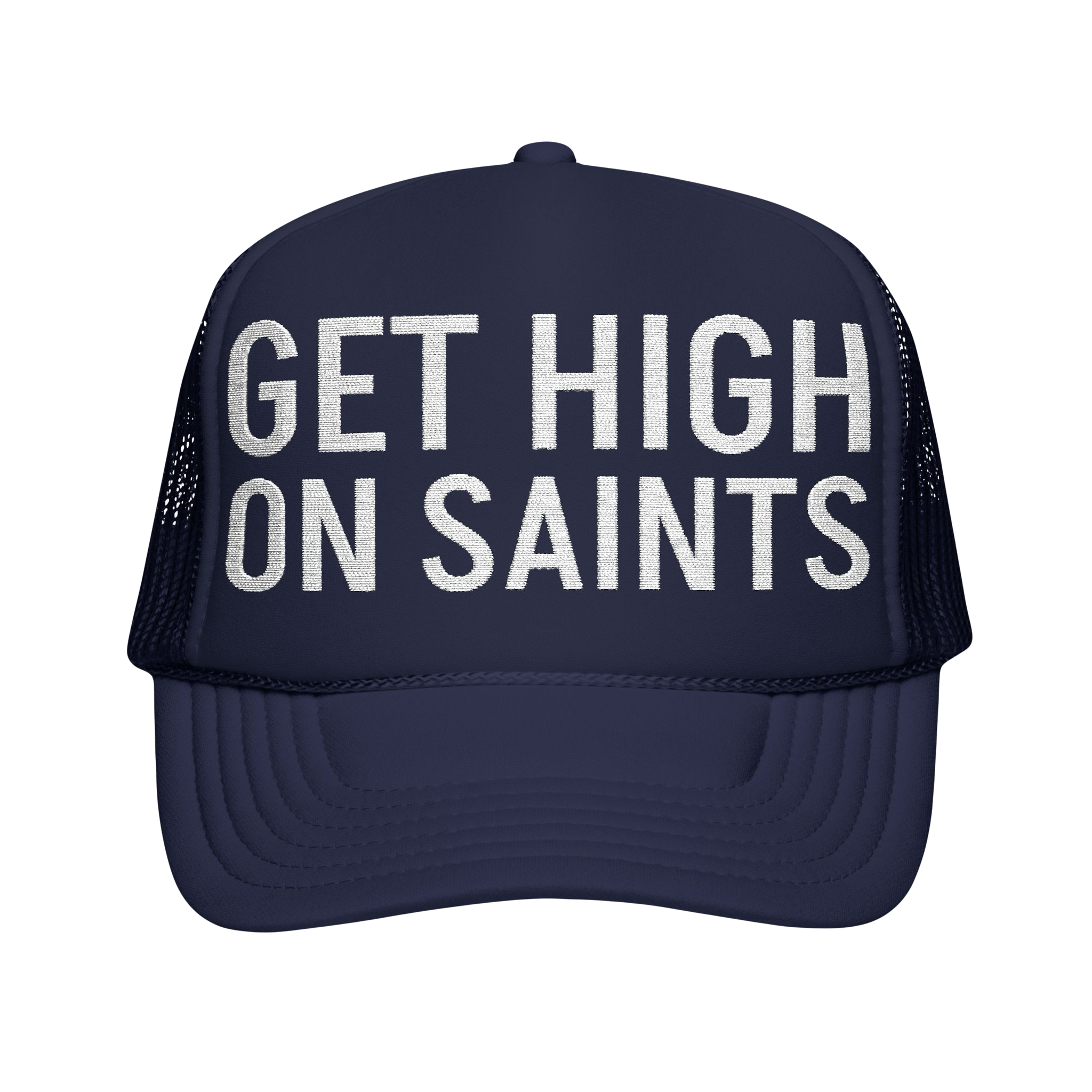 GET HIGH ON SAINTS Embroidered Navy Trucker