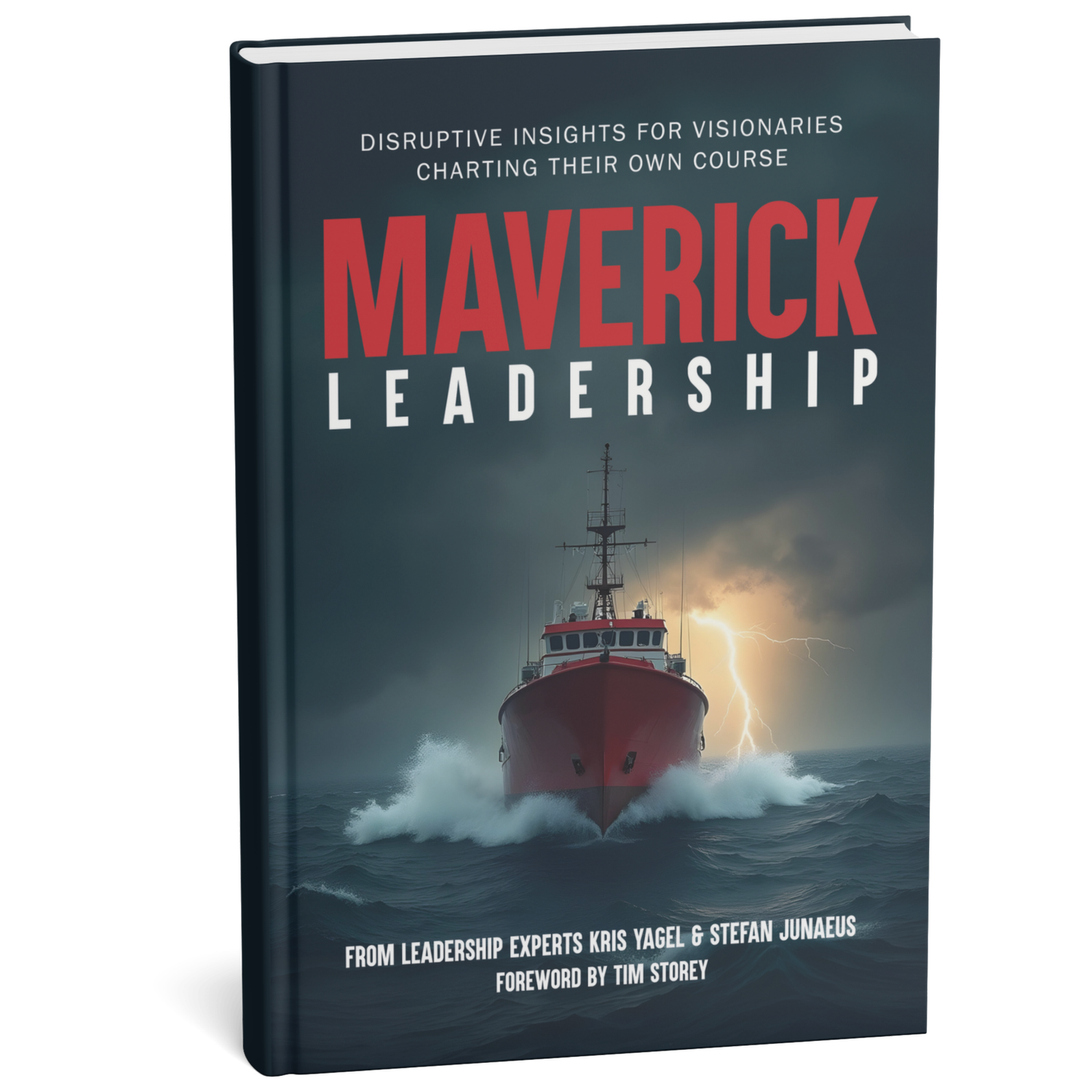 Book cover titled "Maverick Leadership" showing a ship navigating rough waters with lightning in the background.
