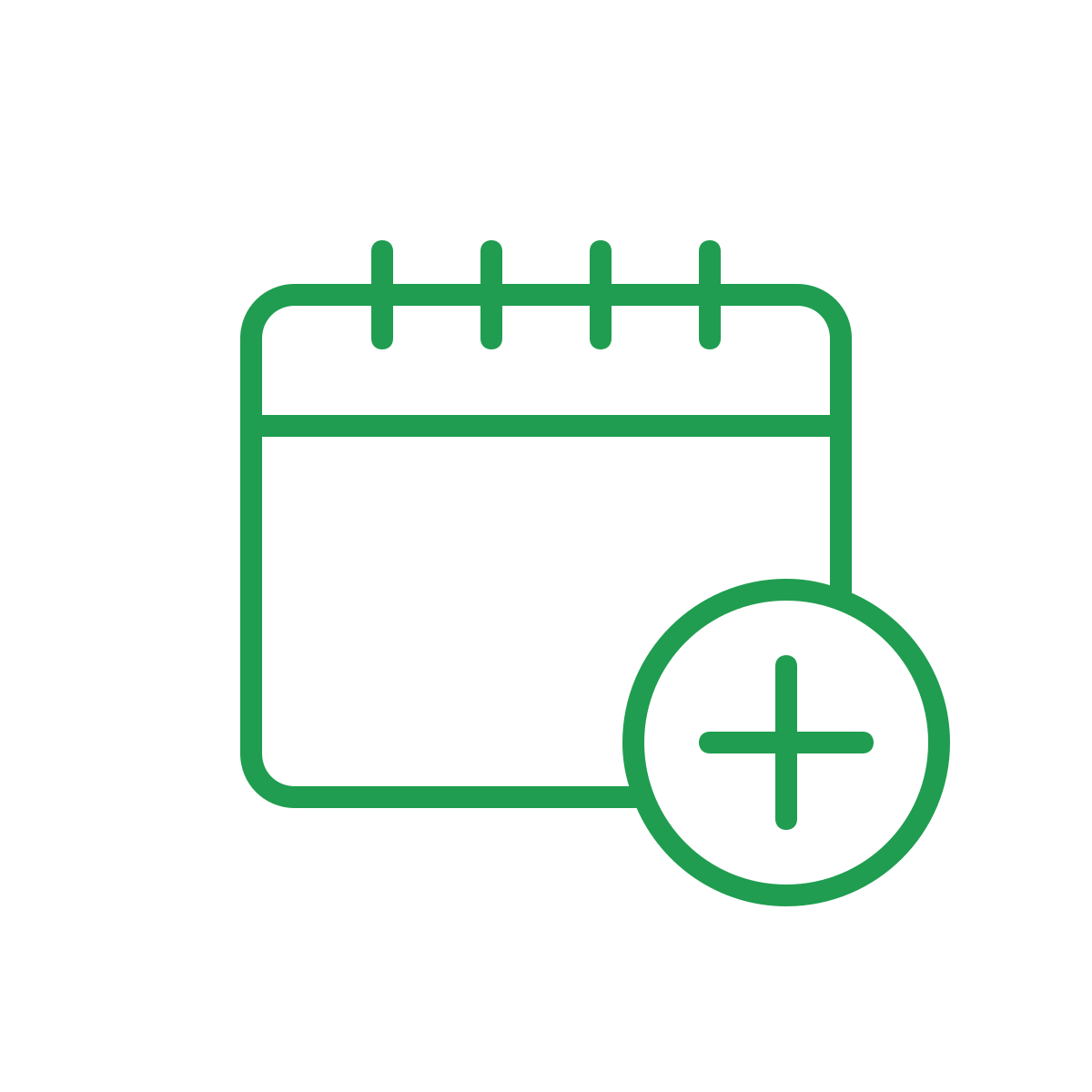 Icon of a calendar with a plus sign indicating adding an event or date.