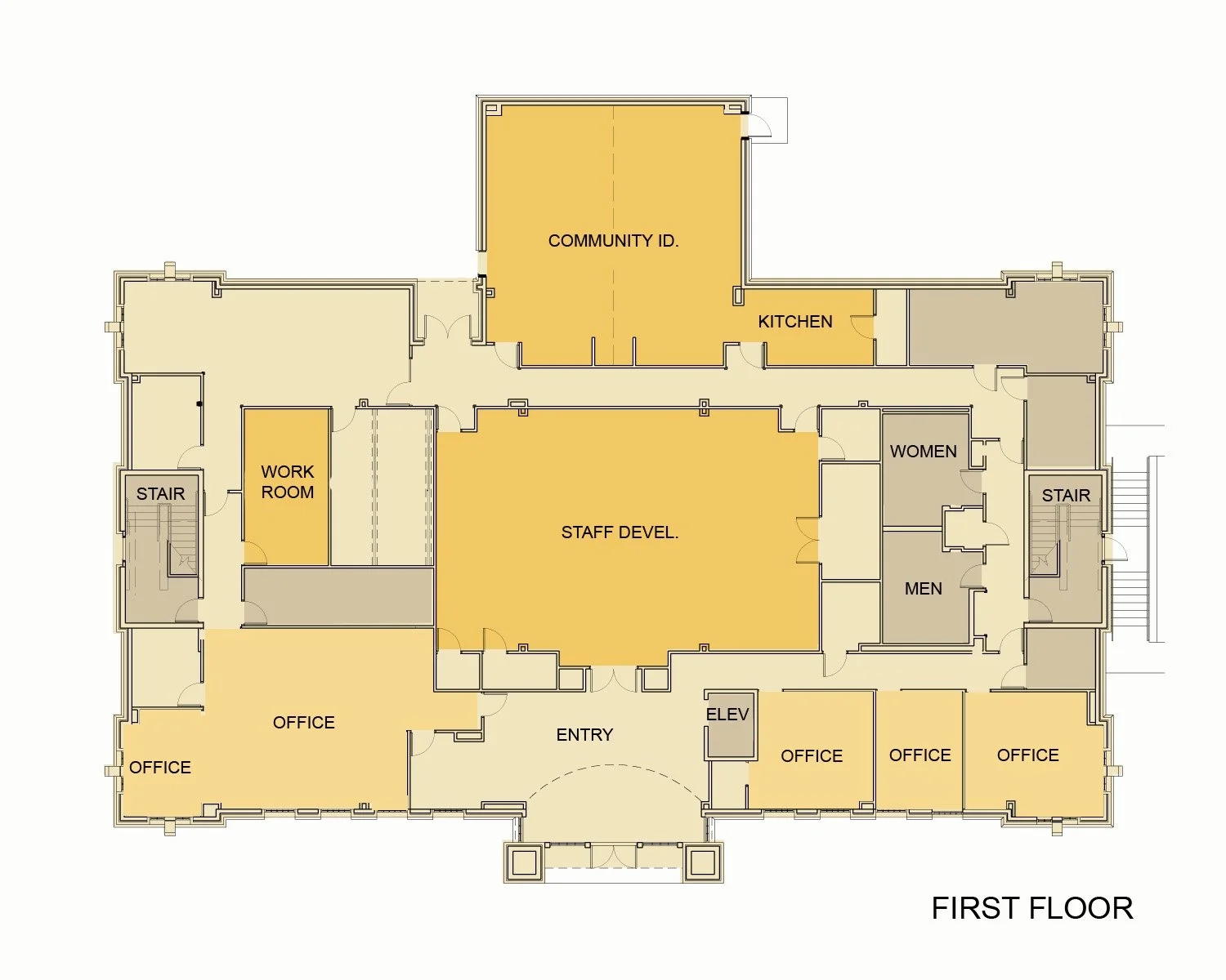 Floor plan of a building labeled 'First Floor' showing various rooms including offices, a staff development area, community inclusive space, kitchen, workroom, restrooms, staircases, and an elevator color coded for function. project by B Group Archit