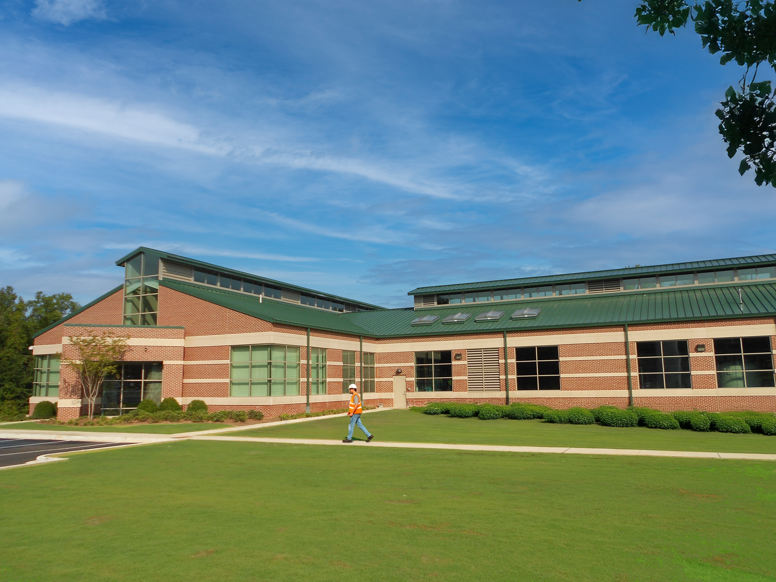 Modern building with two tone brick and clerestory windows at Ft. Benning Water Treatment Plant - project by B Group Architecture, Inc.