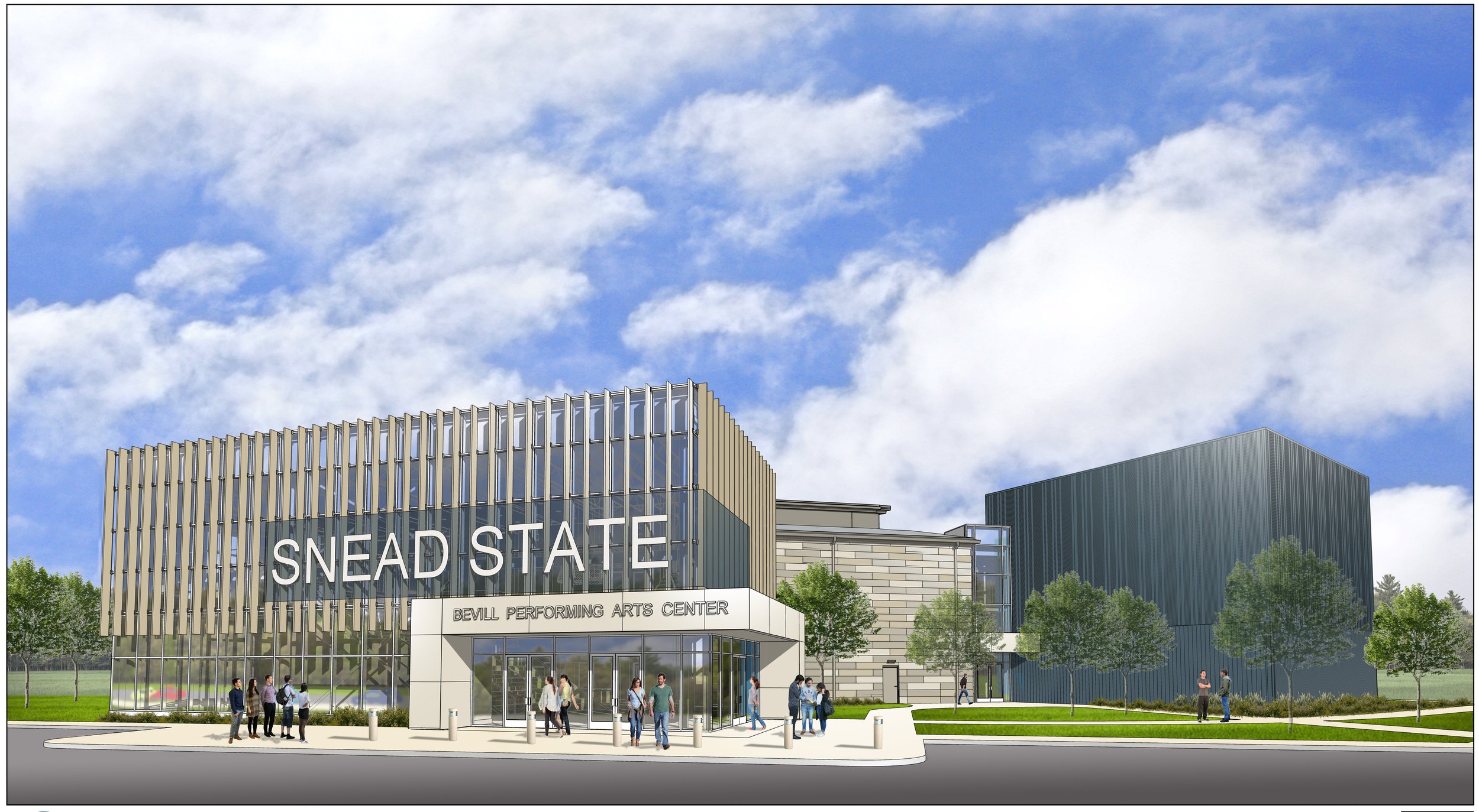 Rendering of the Snead State Bevill Performing Arts Center, a modern building with glass and metal facade, people walking outside under trees on a sunny day.