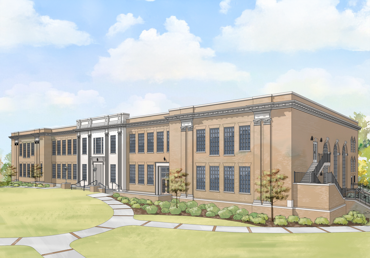 Illustration of a two-story brick academic building with classical architectural details, surrounded by landscaping - project by B Group Architecture, Inc.