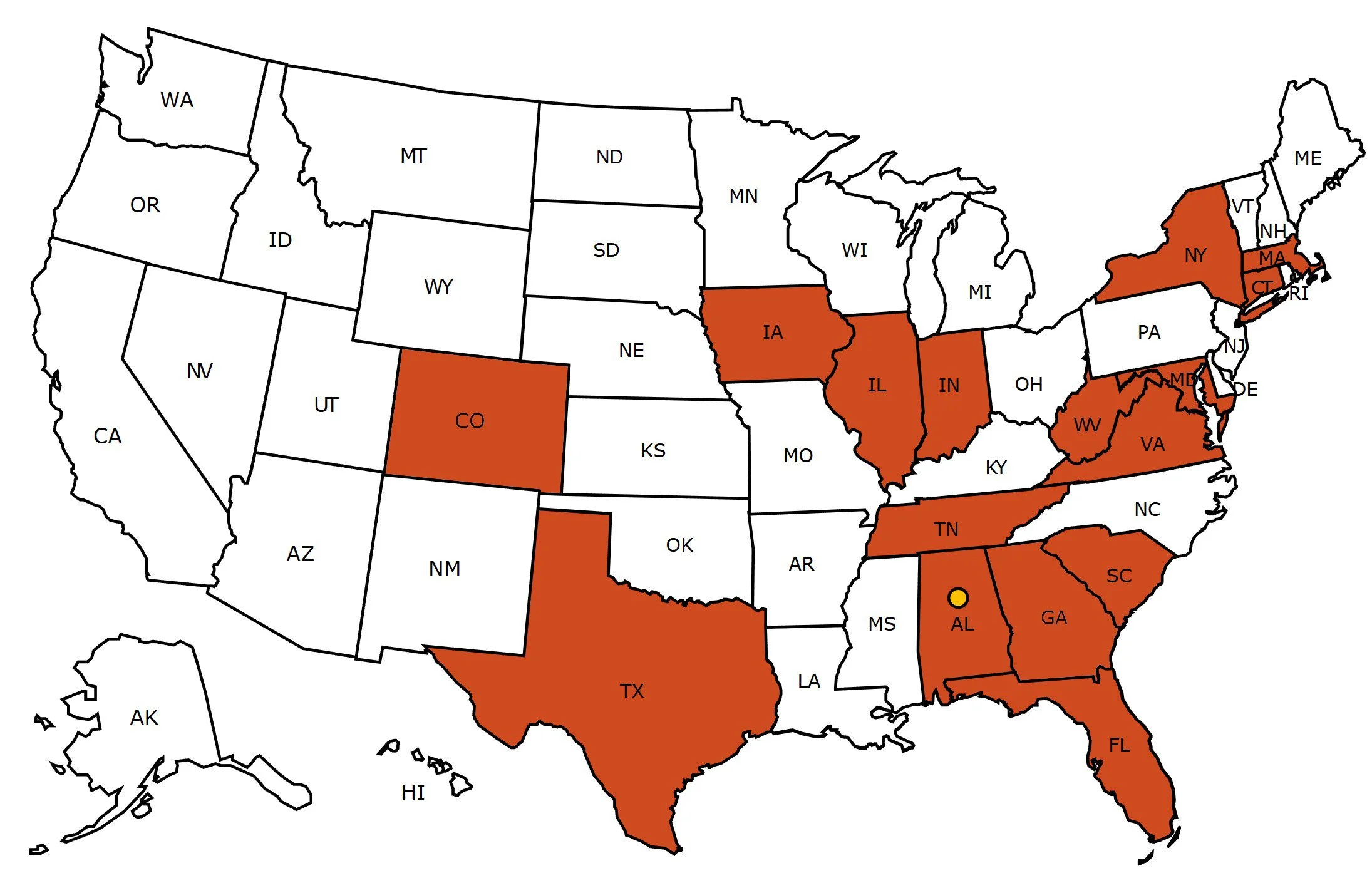 Map of the United States with certain states highlighted in orange and one in yellow. Highlighted states include Colorado, Iowa, Illinois, Indiana, Virginia, Georgia, Florida, Alabama, Texas, Tennessee, South Carolina, New York, and Maine.
