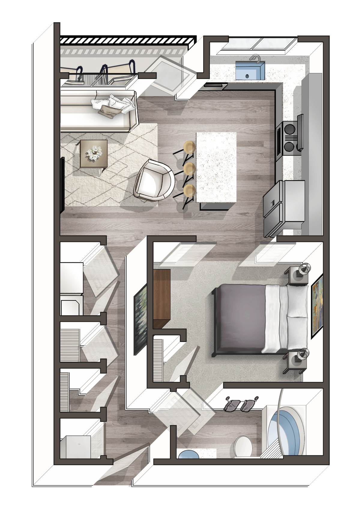 Floor plan of a modern one-bedroom apartment with an open living area, kitchen with island, bedroom, bathroom with bathtub, and closet space.