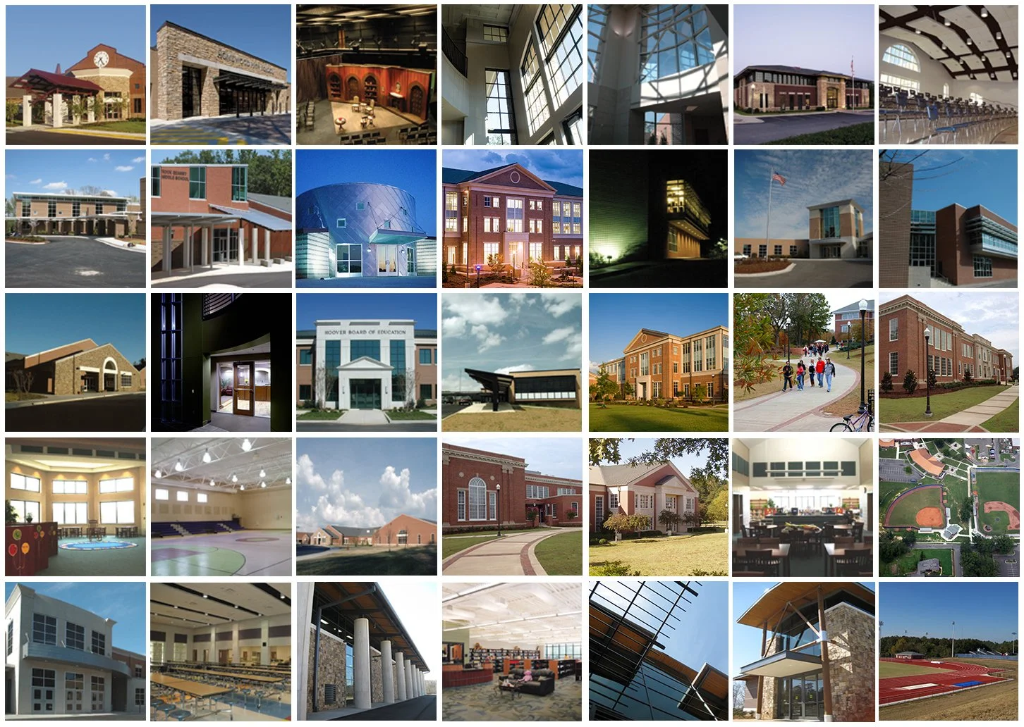 A grid of various school buildings and facilities, including classrooms, gyms, outdoor fields, and architectural features of educational institutions.