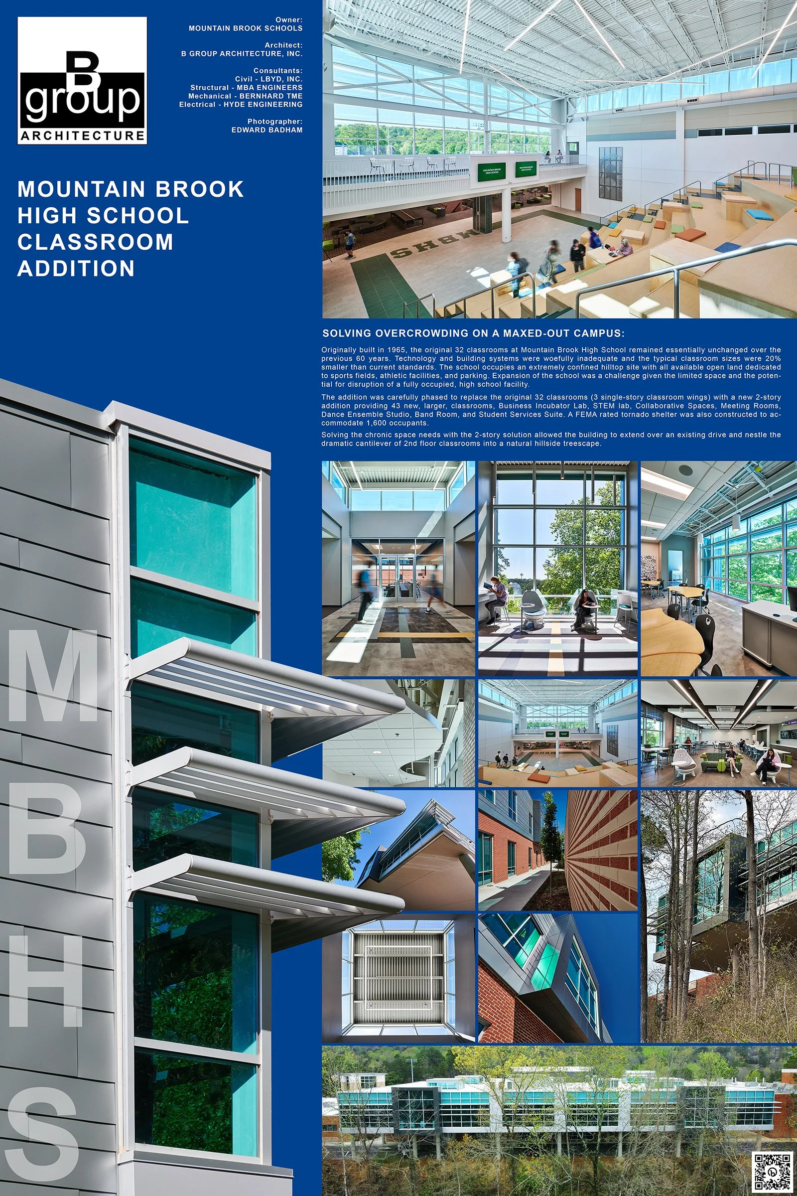 A collage of images showing the interior and exterior of Mountain Brook High School, including the renovated classroom addition with large windows, modern architectural details, and surrounding natural landscape.
