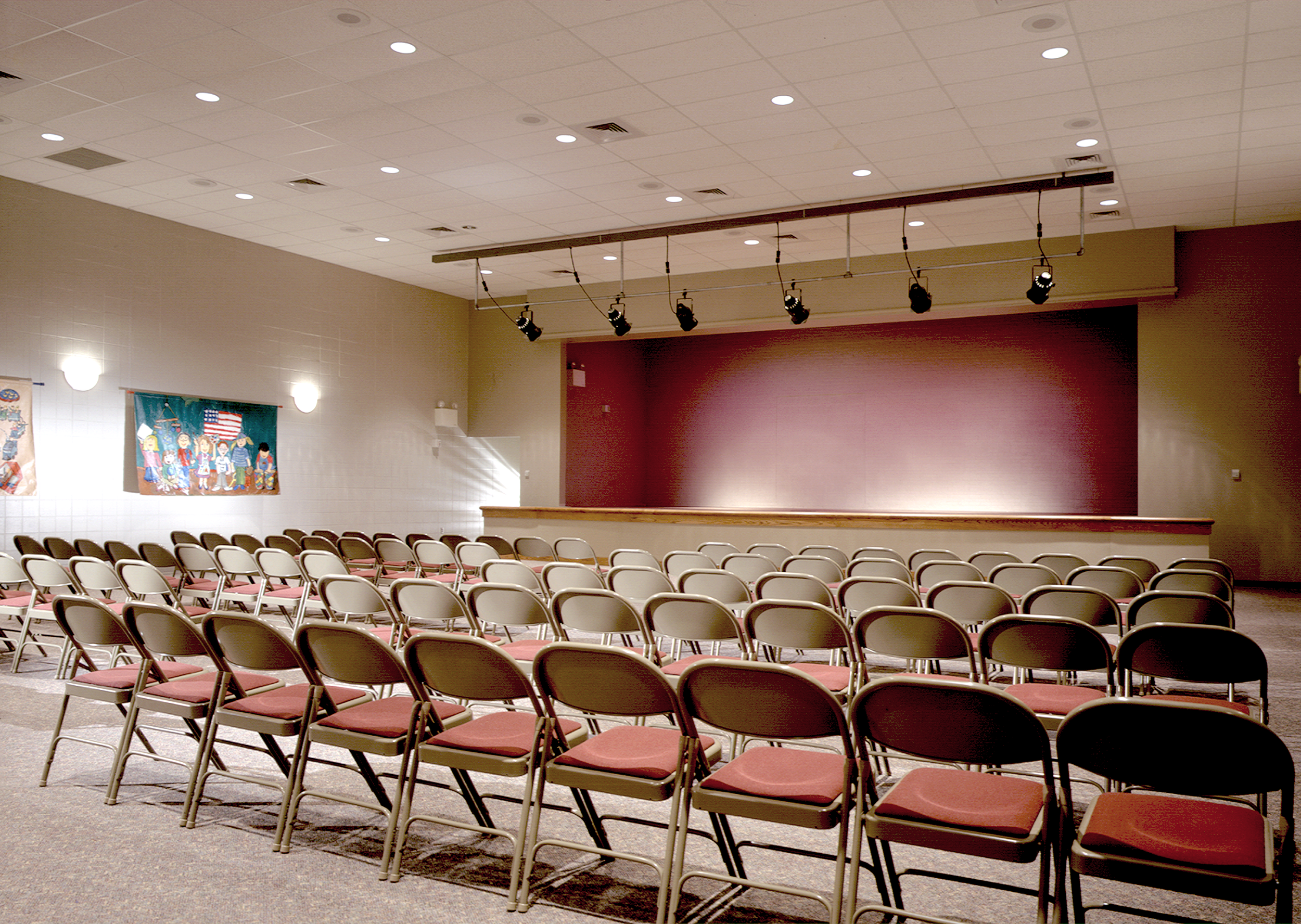 Interior view of the stage area at Cherokee Bend Elementary School in Mountain Brook, AL. project by B Group Architecture, Inc.