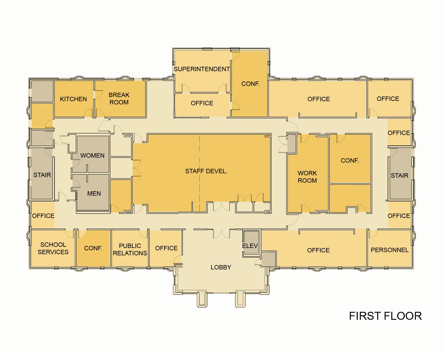 Floor plan of Hoover Board of Education with various rooms including offices, conference rooms, staff and work rooms, a kitchen, break room, and restrooms, centered around a lobby and staff development area.project by B Group Architecture, Inc.