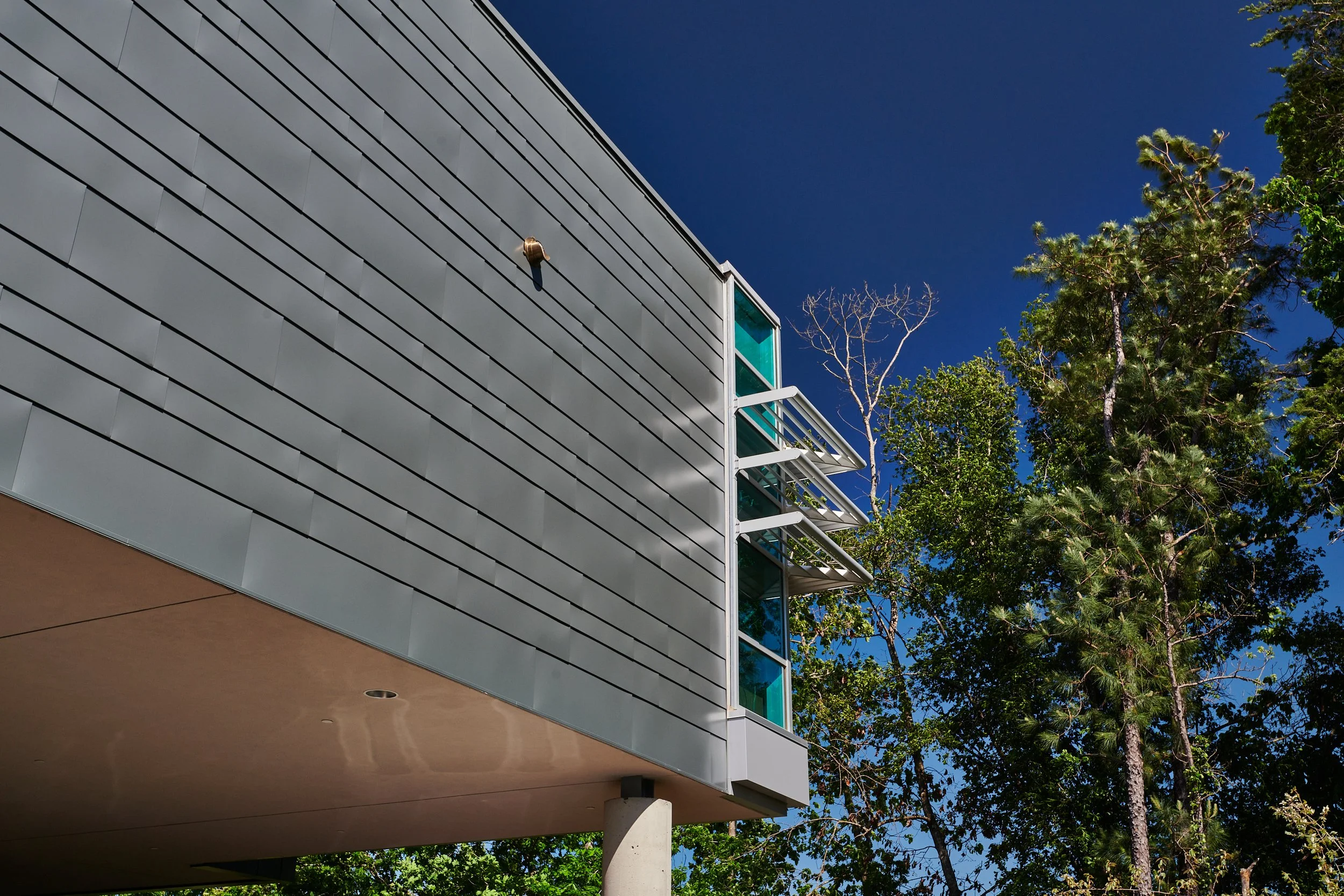 Modern building with varying sized lapped and seamed metal siding, curtainwall glass and sunshades, elevated over a street below surrounded - project by B Group Architecture, Inc.