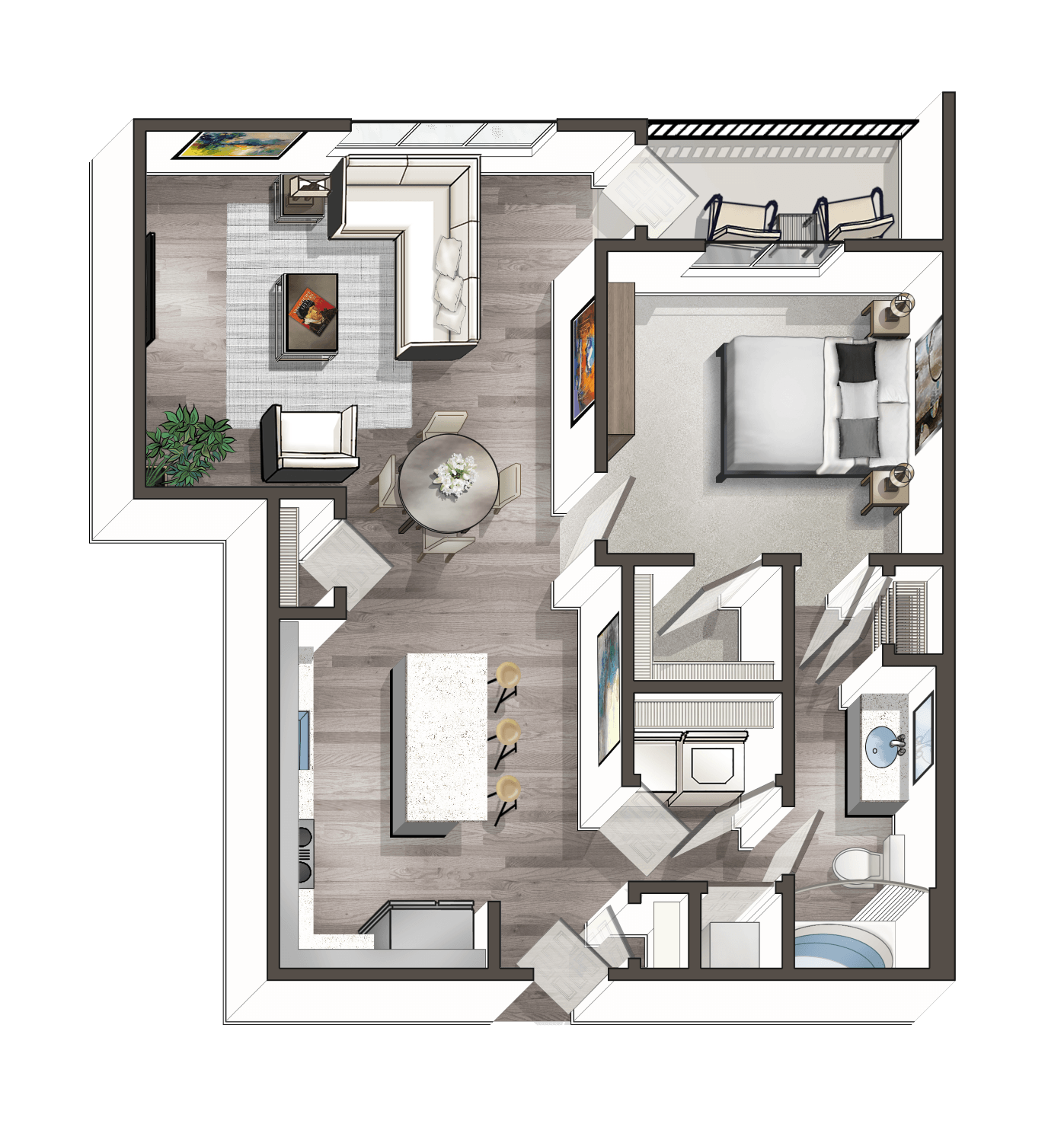 A 3D floor plan of a modern one-bedroom apartment showing a living room, dining area, kitchen with a breakfast bar, bedroom with a balcony, bathroom, and a small laundry closet.