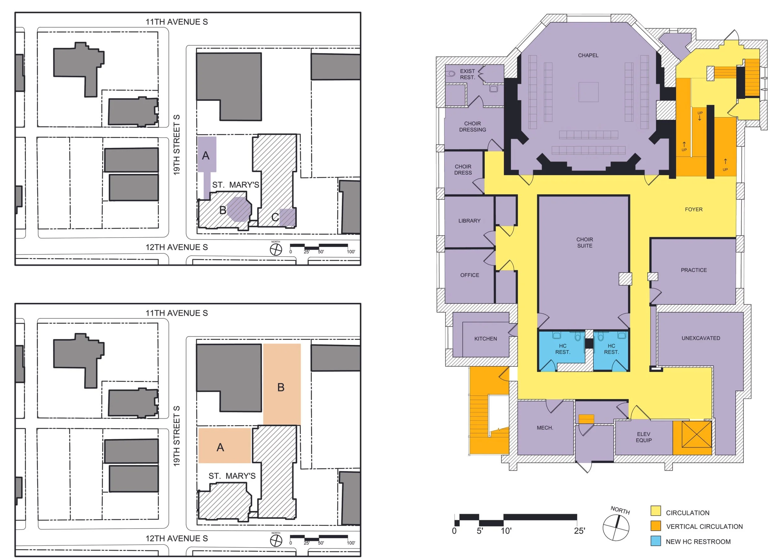 Architectural layout and site plan of a church or religious building, showing the building's floor plan, surrounding site plans, and color-coded circulation paths and rooms.