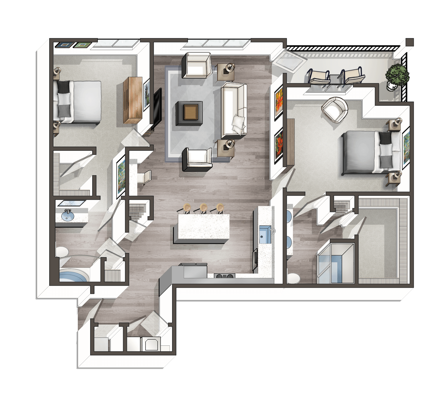 Floor plan of an apartment with two bedrooms, two bathrooms, a living room, a kitchen with a breakfast bar, and a balcony with seating.
