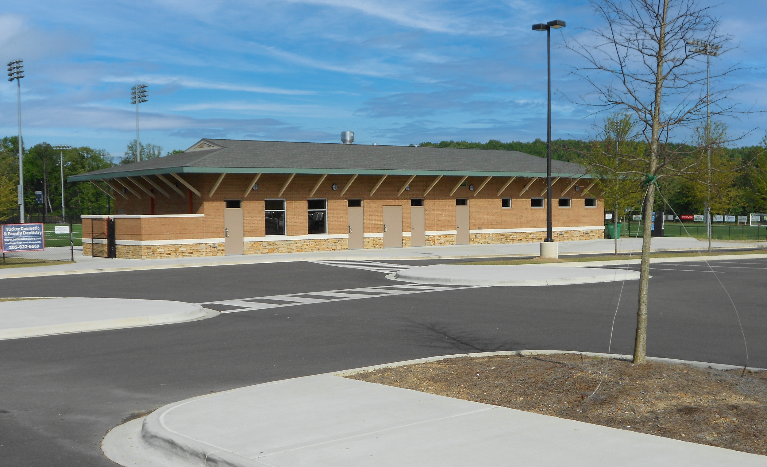 View of the field house at the Vestavia Sports Park project by B Group Architecture, Inc.