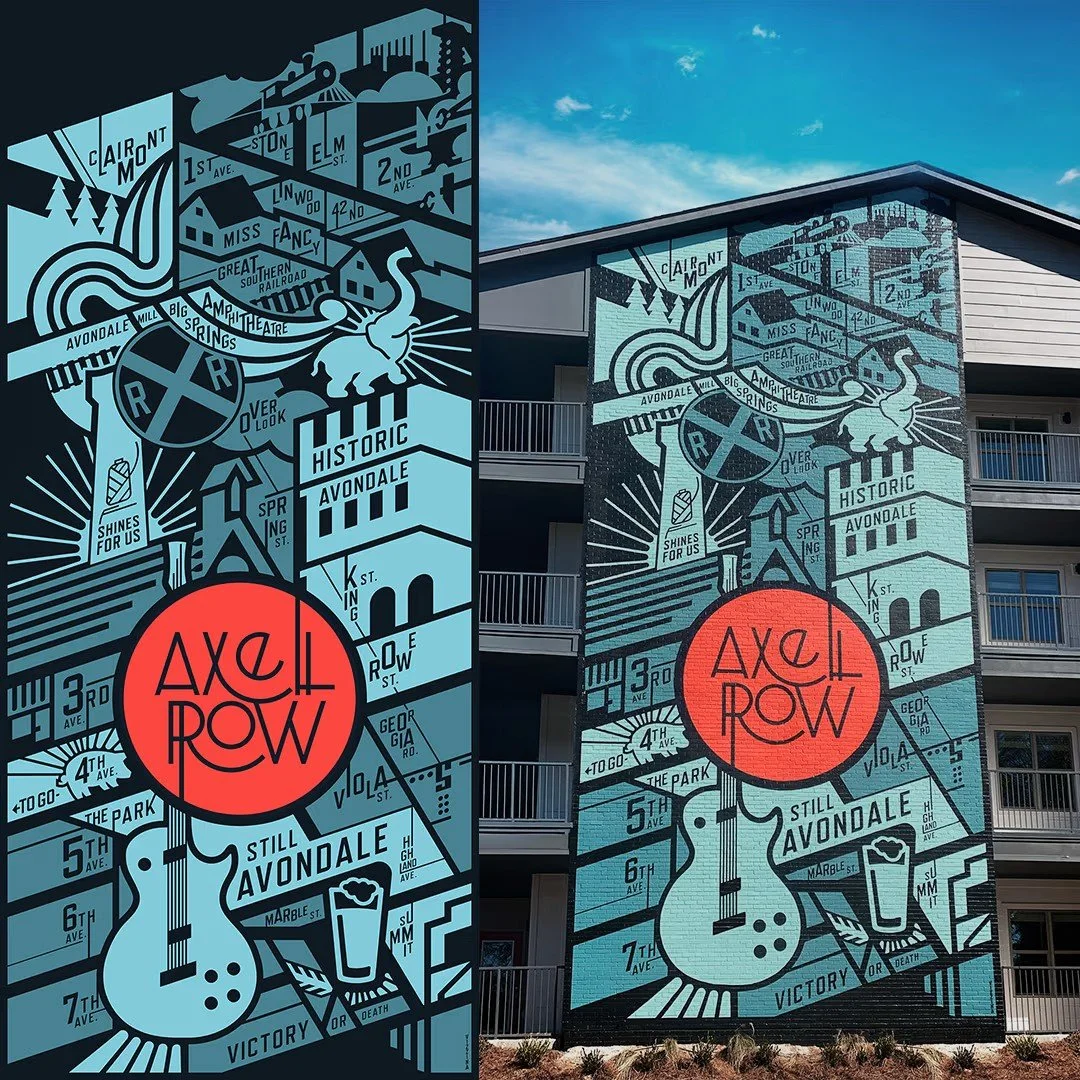 A colorful mural on the side of a building showcasing a map of the Avondale neighborhood with street names and landmarks. The mural features a large red circle with the words 'Axel Row' in stylized text, a guitar, a beer glass, and the phrase 'Victor