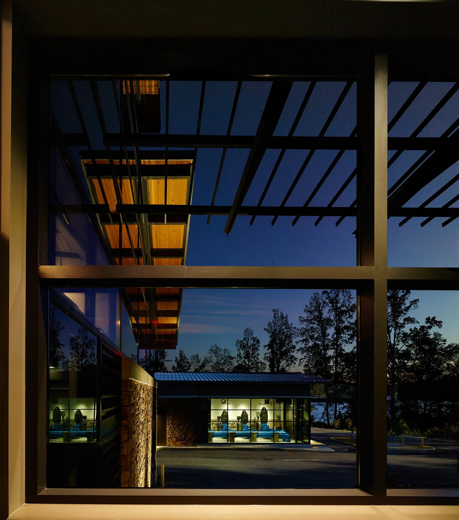 W.A Warner Williams Water treatment plant's LEED accredited modern building complex utilizing glass, steel and stone.  -project by B Group Architecture,  Inc.