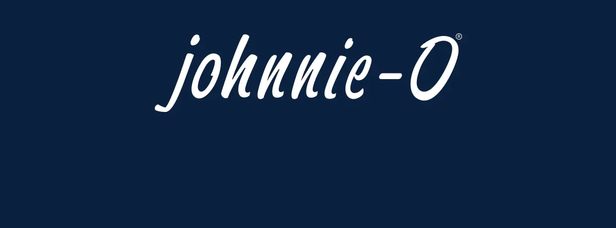 Logo with the text 'johnnie-O' in white cursive font on a dark blue background.