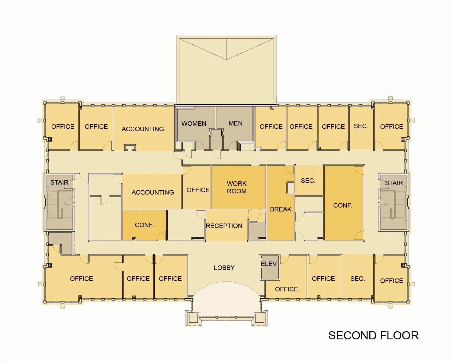 Second floor plan of an office building showing multiple offices, conference rooms, administrative areas, restrooms for women and men, storage rooms, stairwells, an elevator, and a lobby color coded for function. project by B Group Architecture, Inc.