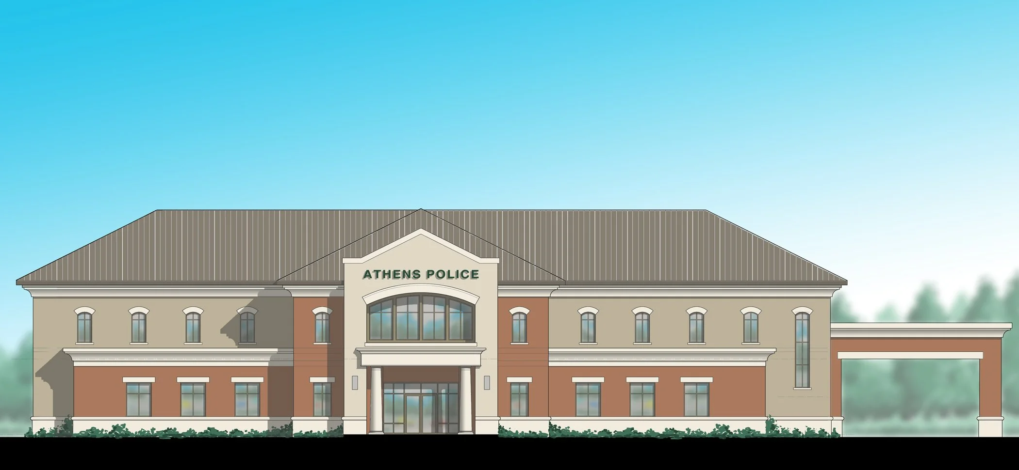 Illustration of a modern two-story Athens police station with a mix of brick and beige exterior walls, a brown gable roof, and large windows. The station has an arched main entrance and a sign that reads 'Athens Police' above it, with trees in the ba