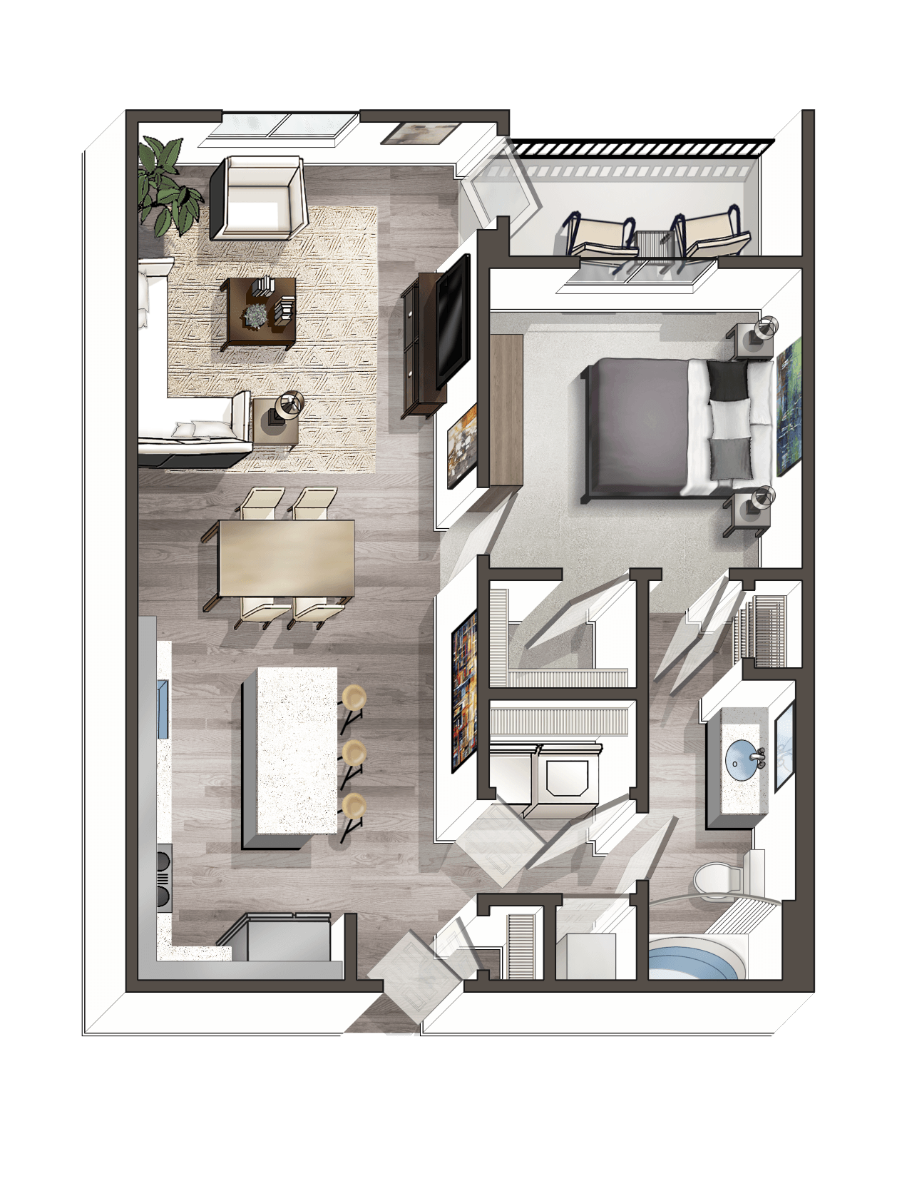 A 3D floor plan of a modern apartment showing a living room with a sofa, armchair, and coffee table, a dining area with a table and chairs, kitchen with an island and bar stools, bedroom with a bed and nightstands, bathroom with a sink and toilet, closet space, and a small balcony with chairs.