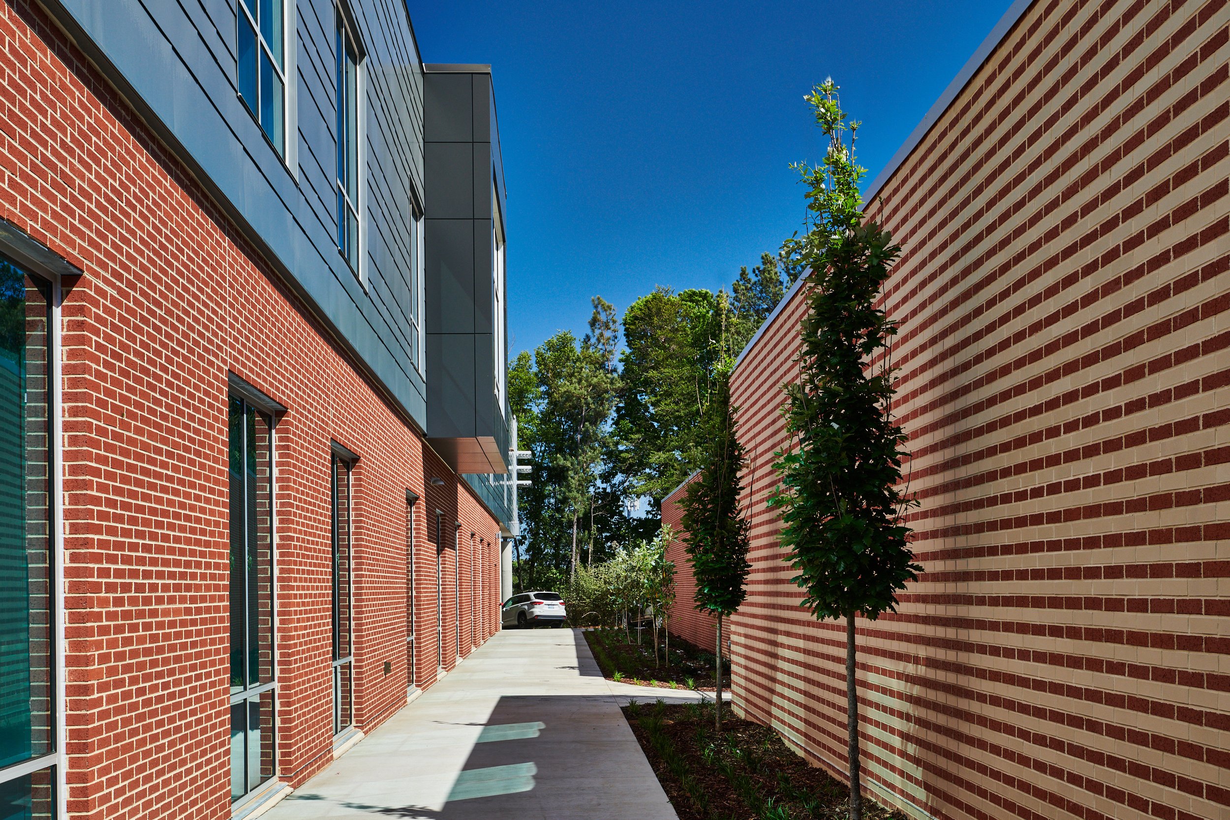 Modern building with two tone brick and Kawneer storefront glass exterior, trees lining the sidewalk - project by B Group Architecture, Inc.
